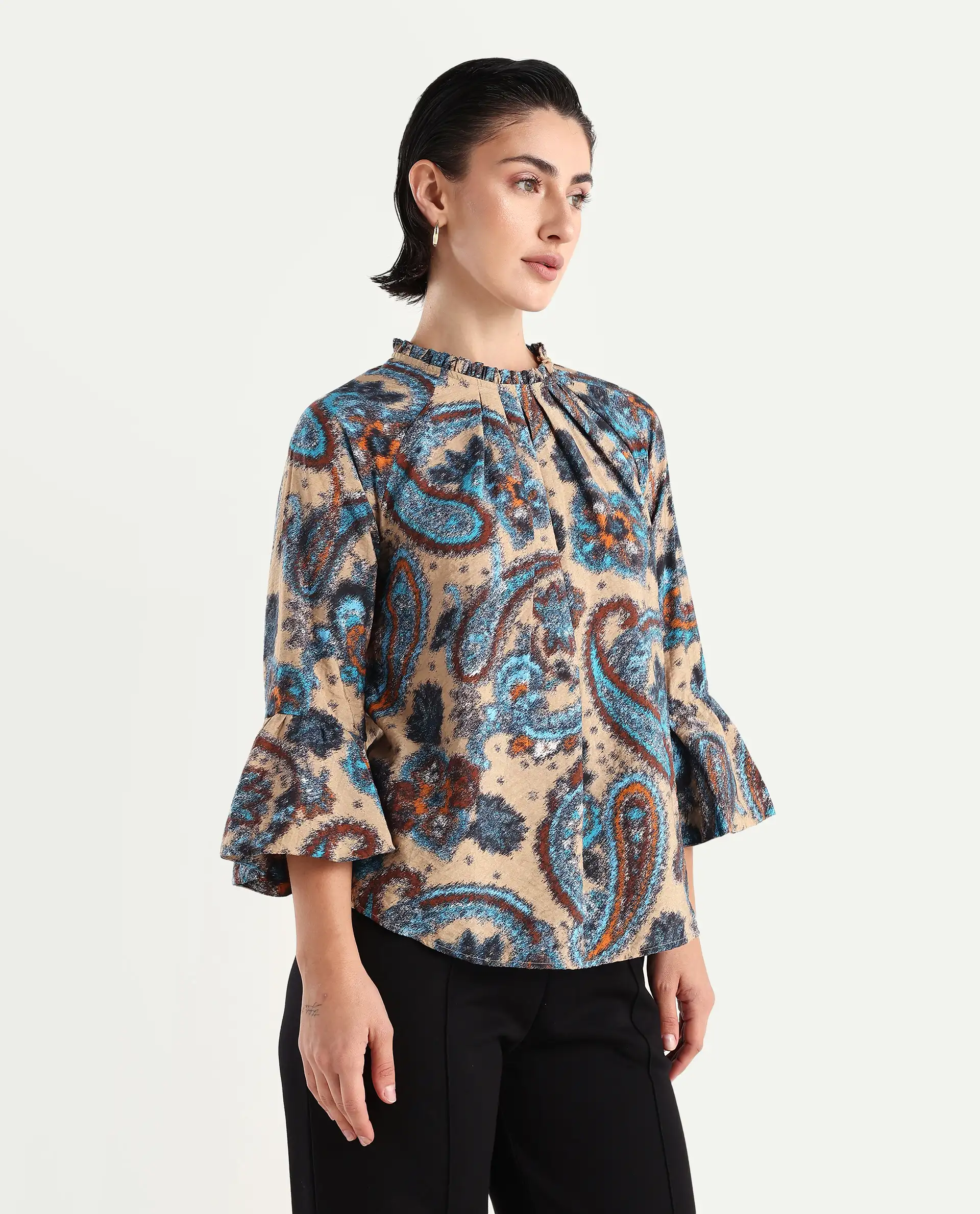 Rareism Women's Lavand Multi Nylon Blend Sweetheart Neck Paisley Print Raglan Sleeve Regular Fit Top - Image 6