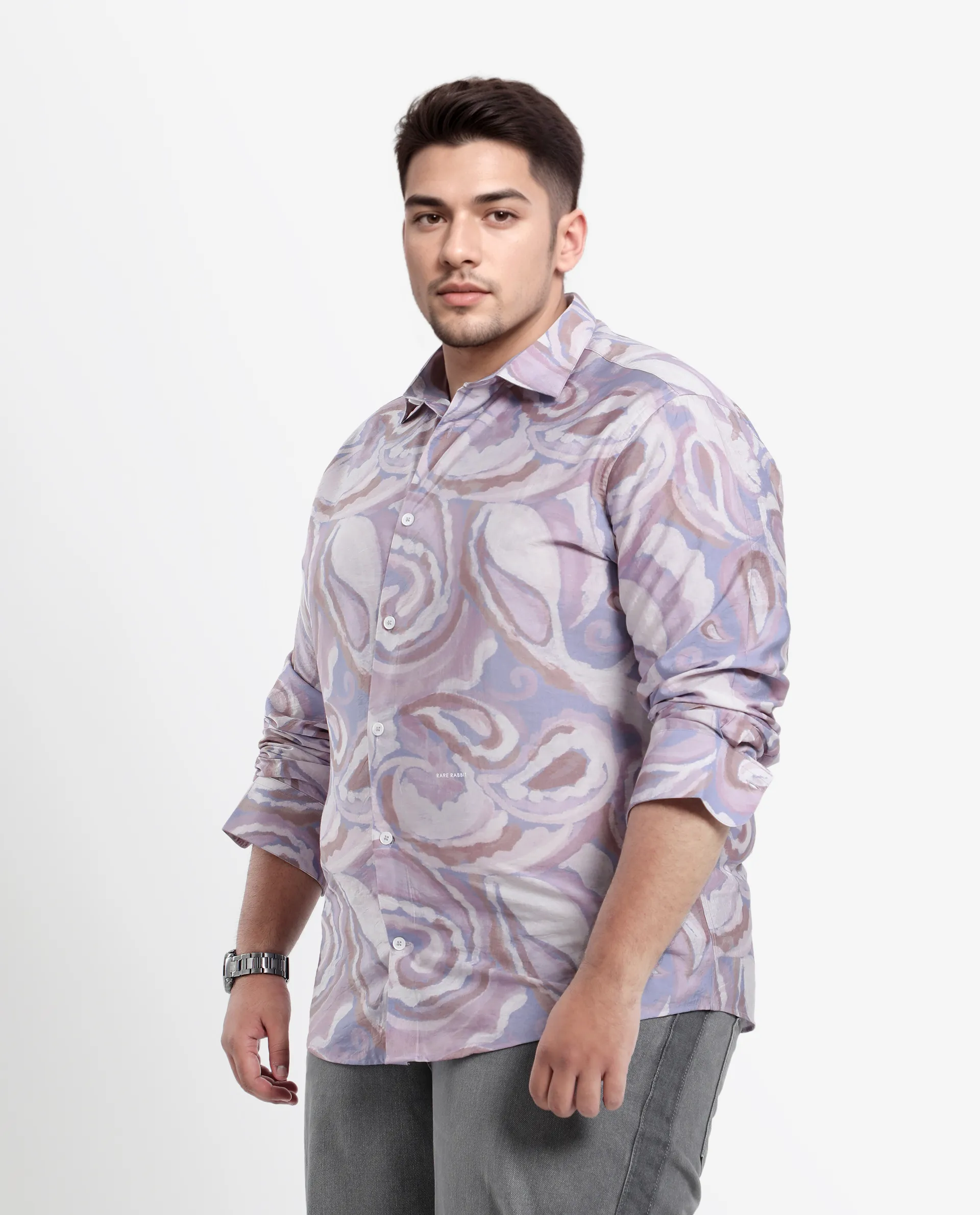 Rare Rabbit Men Lavato-L Light Purple Nylon Viscose Full Sleeve Cuban Collar Button Closure Boxy Fit Abstract Print Shirt - Image 3