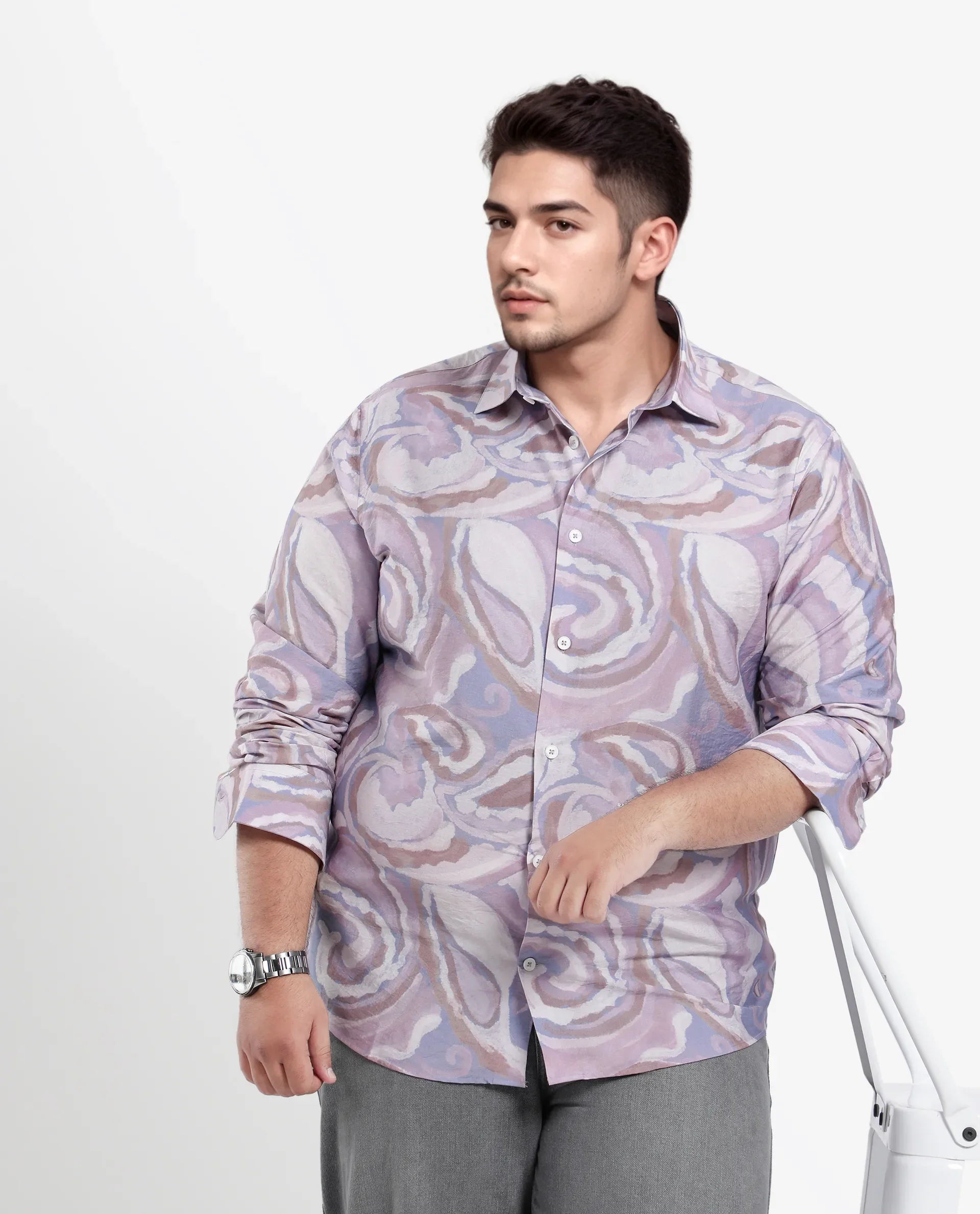 Rare Rabbit Men Lavato-L Light Purple Nylon Viscose Full Sleeve Cuban Collar Button Closure Boxy Fit Abstract Print Shirt - Image 8