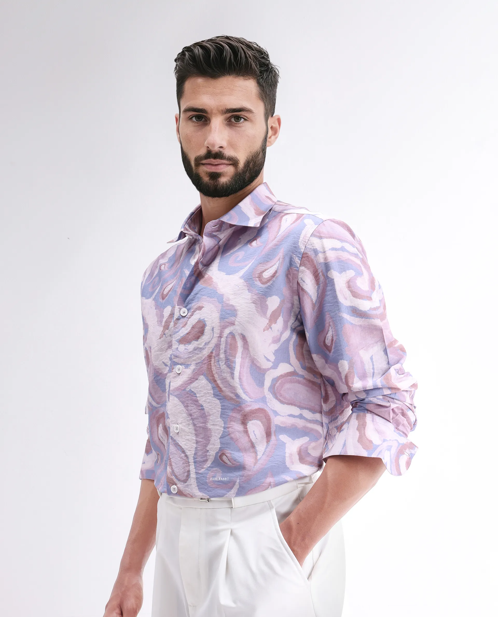 Rare Rabbit Men's Lavato Light Purple Viscose Blend Abstract Print Regular Fit Full Sleeve Collared Shirt - Image 5