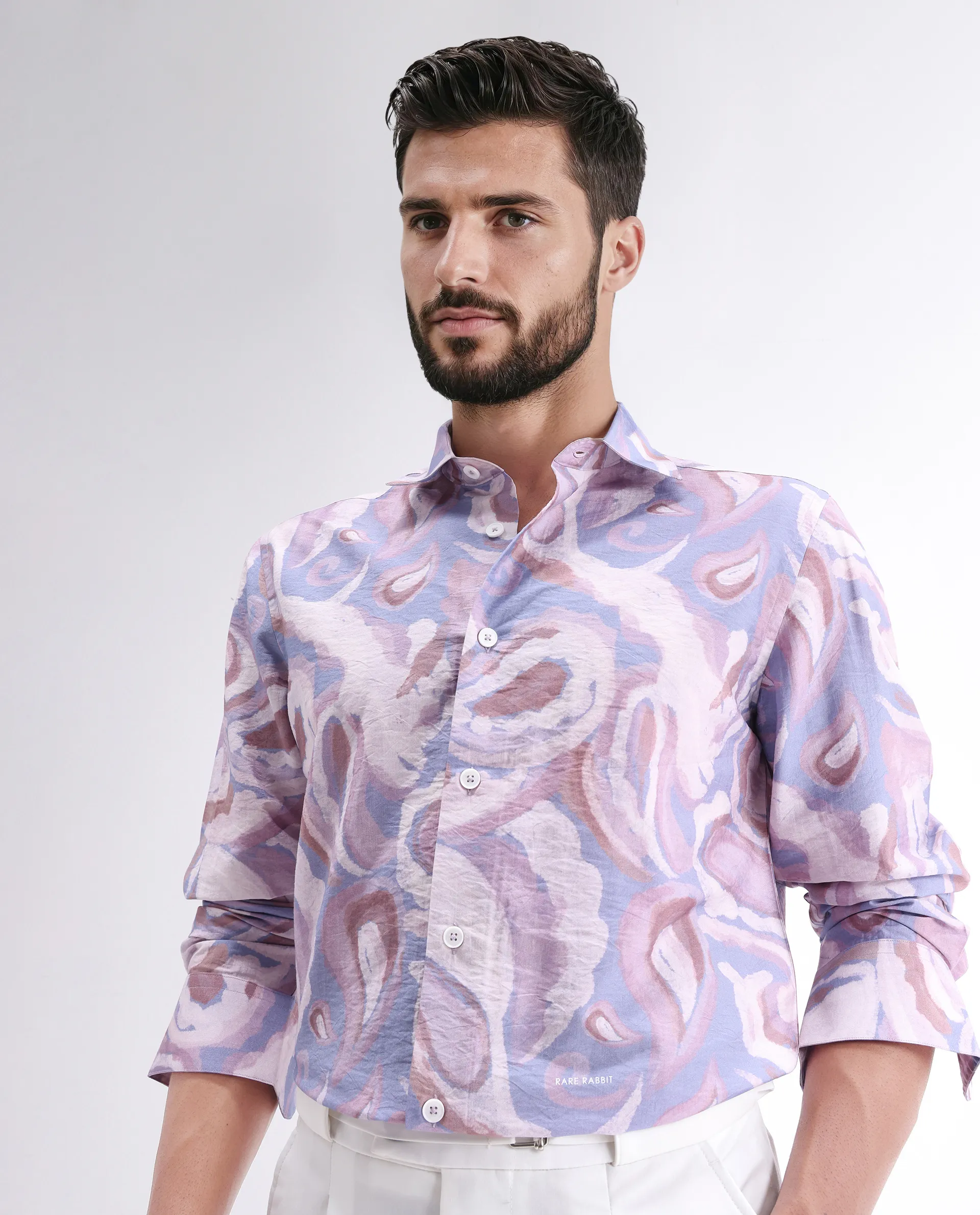 Rare Rabbit Men's Lavato Light Purple Viscose Blend Abstract Print Regular Fit Full Sleeve Collared Shirt - Image 7