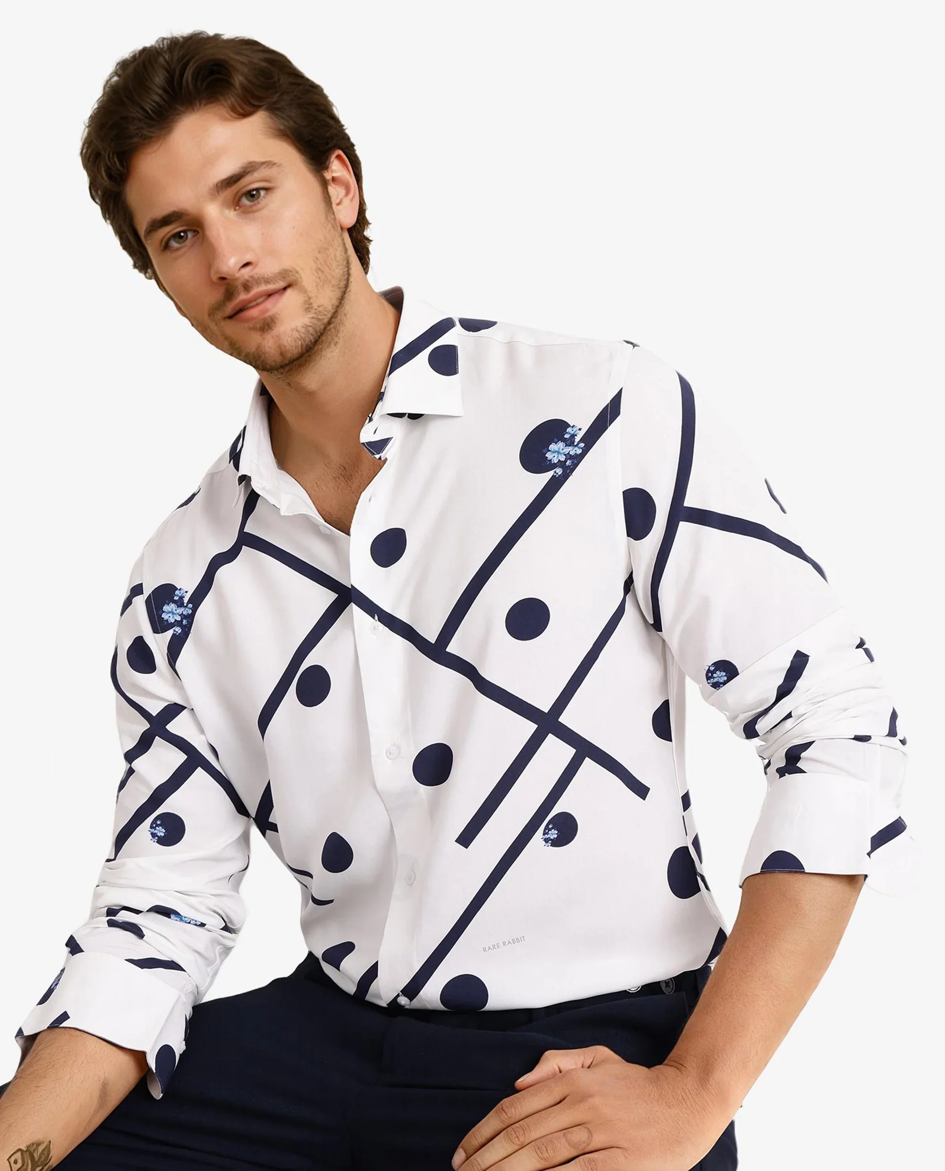 Rare Rabbit Men's Laveno-1 Off White Viscose Geometric Print Regular Fit Full Sleeve Collared Shirt - Image 5