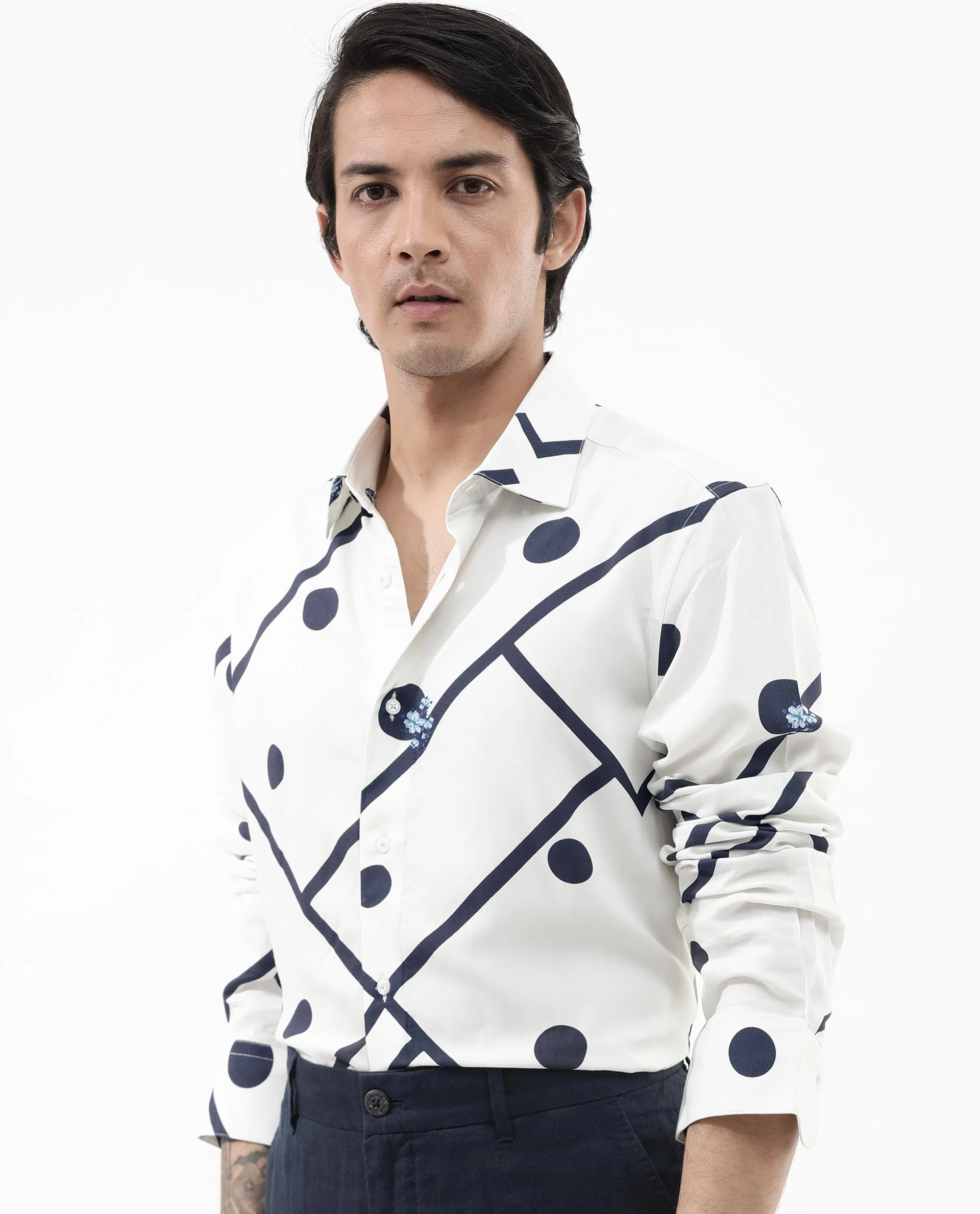 Rare Rabbit Men's Laveno Off White Viscose Geometric Print Regular Fit Full Sleeve Collared Shirt - Image 8