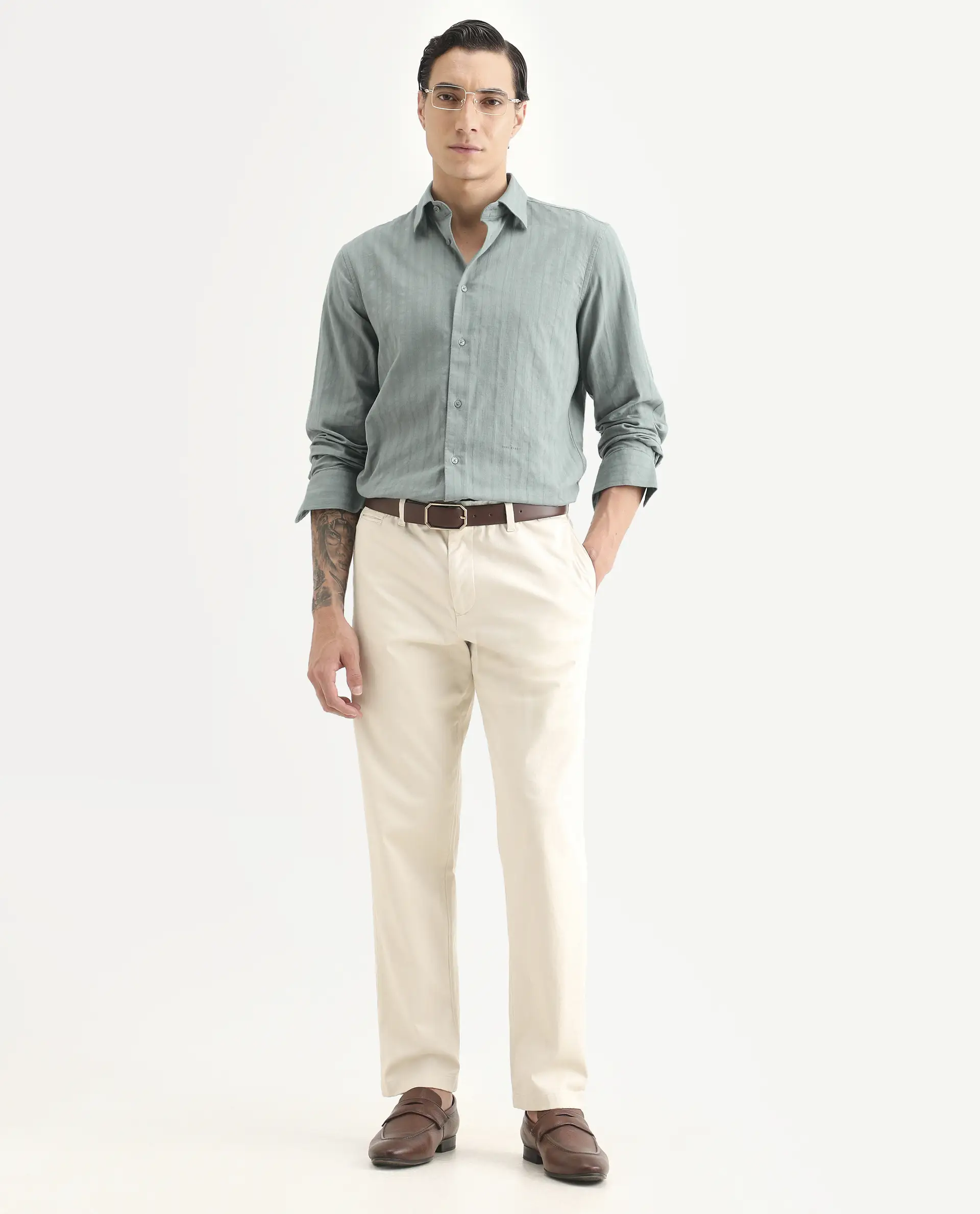 Rare Rabbit Men's Laver Dark Green Cotton Fabric Full Sleeve Regular Fit Textured Shirt - Image 2