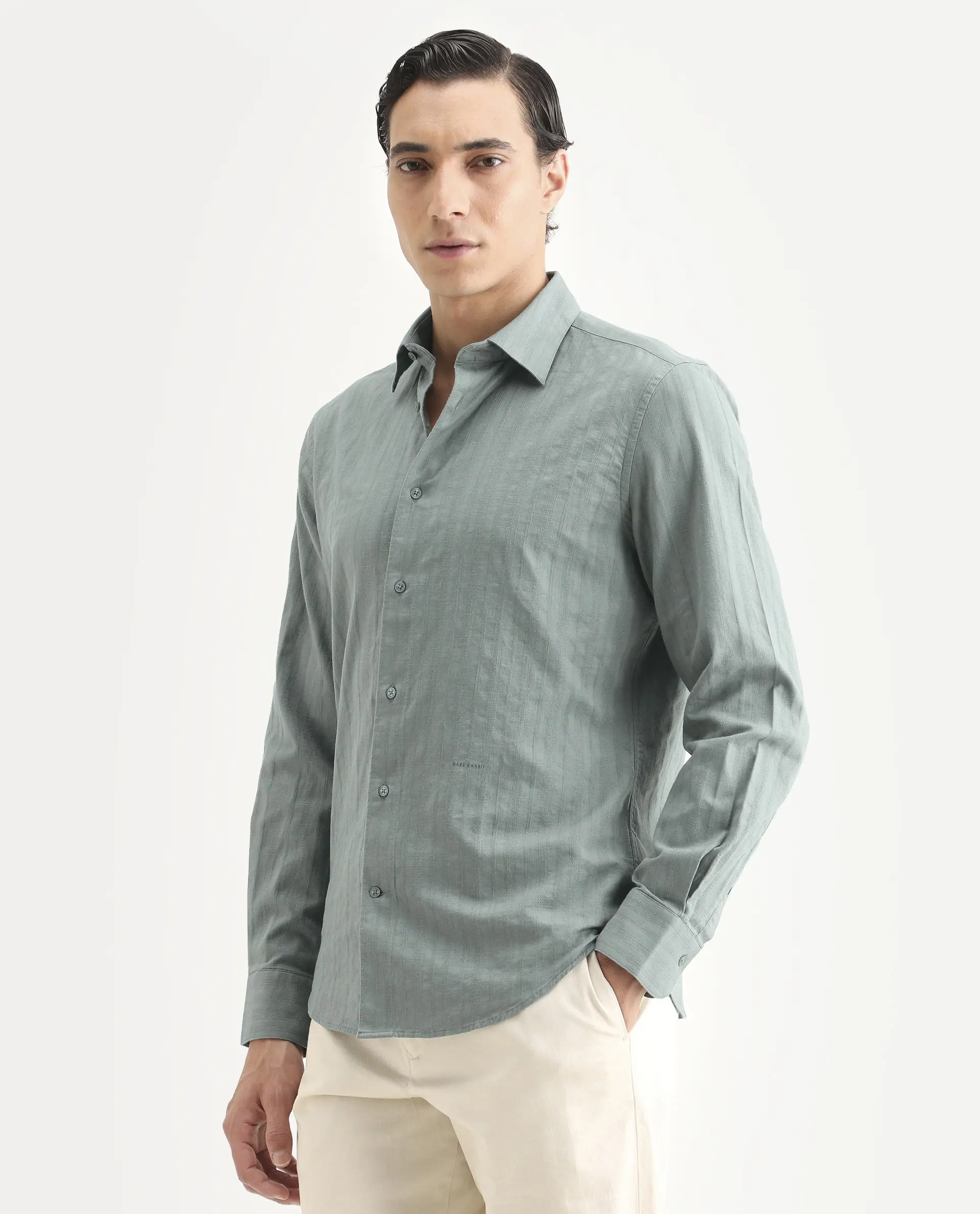 Rare Rabbit Men's Laver Dark Green Cotton Fabric Full Sleeve Regular Fit Textured Shirt - Image 4