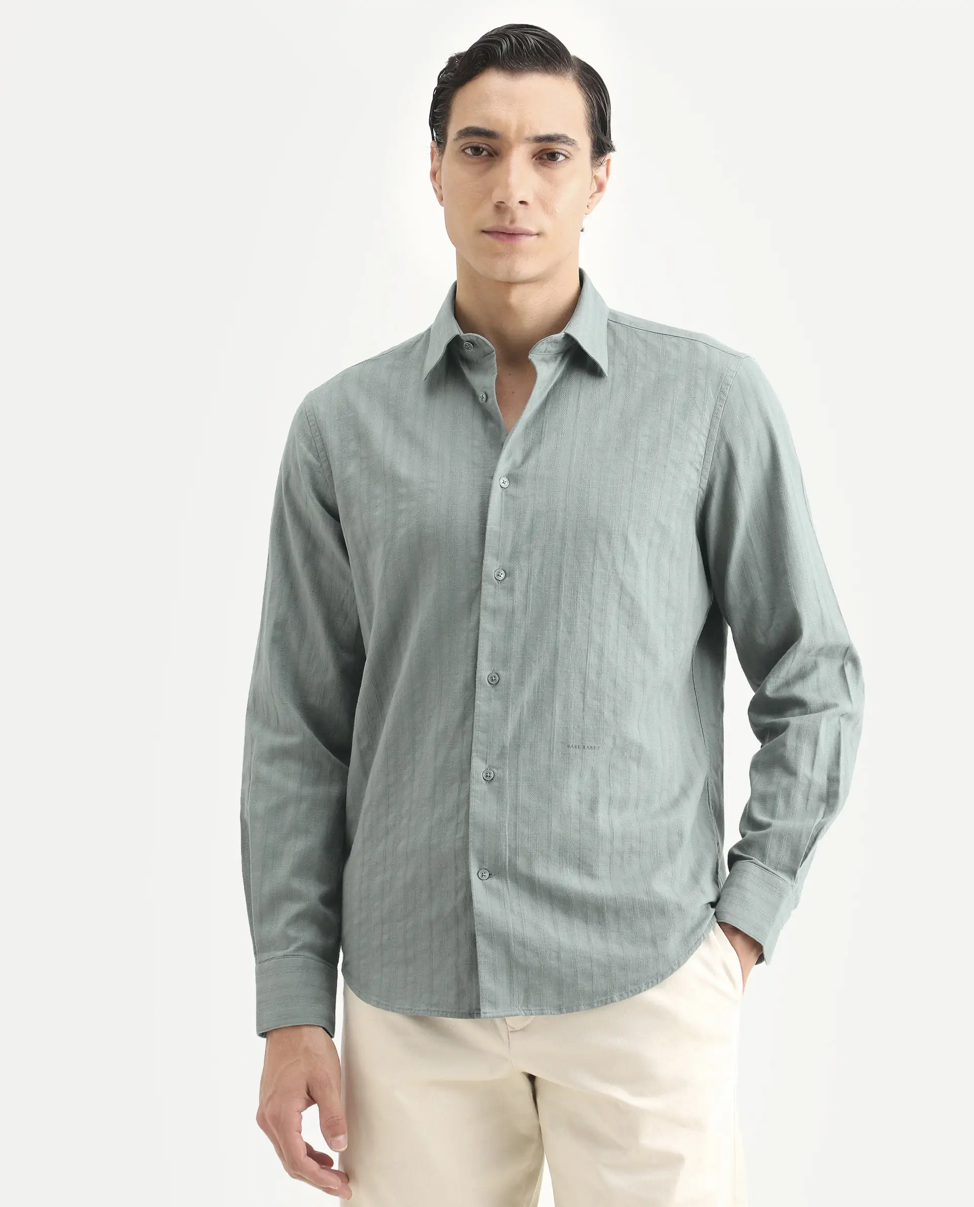 Rare Rabbit Men's Laver Dark Green Cotton Fabric Full Sleeve Regular Fit Textured Shirt - Image 6