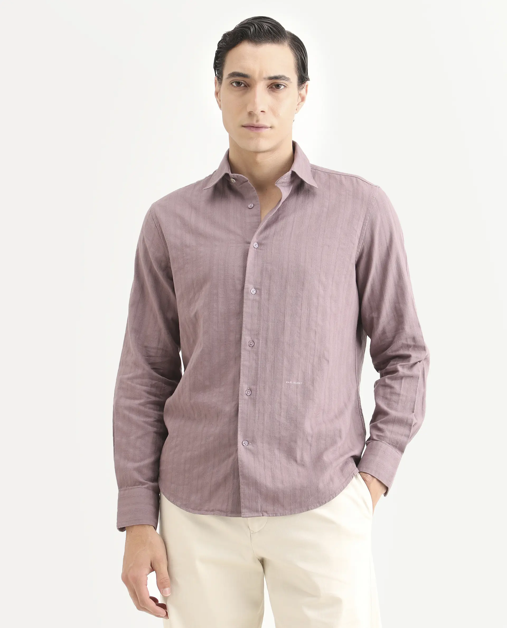 Rare Rabbit Men's Laver Dusky Pink Cotton Fabric Full Sleeve Regular Fit Textured Shirt