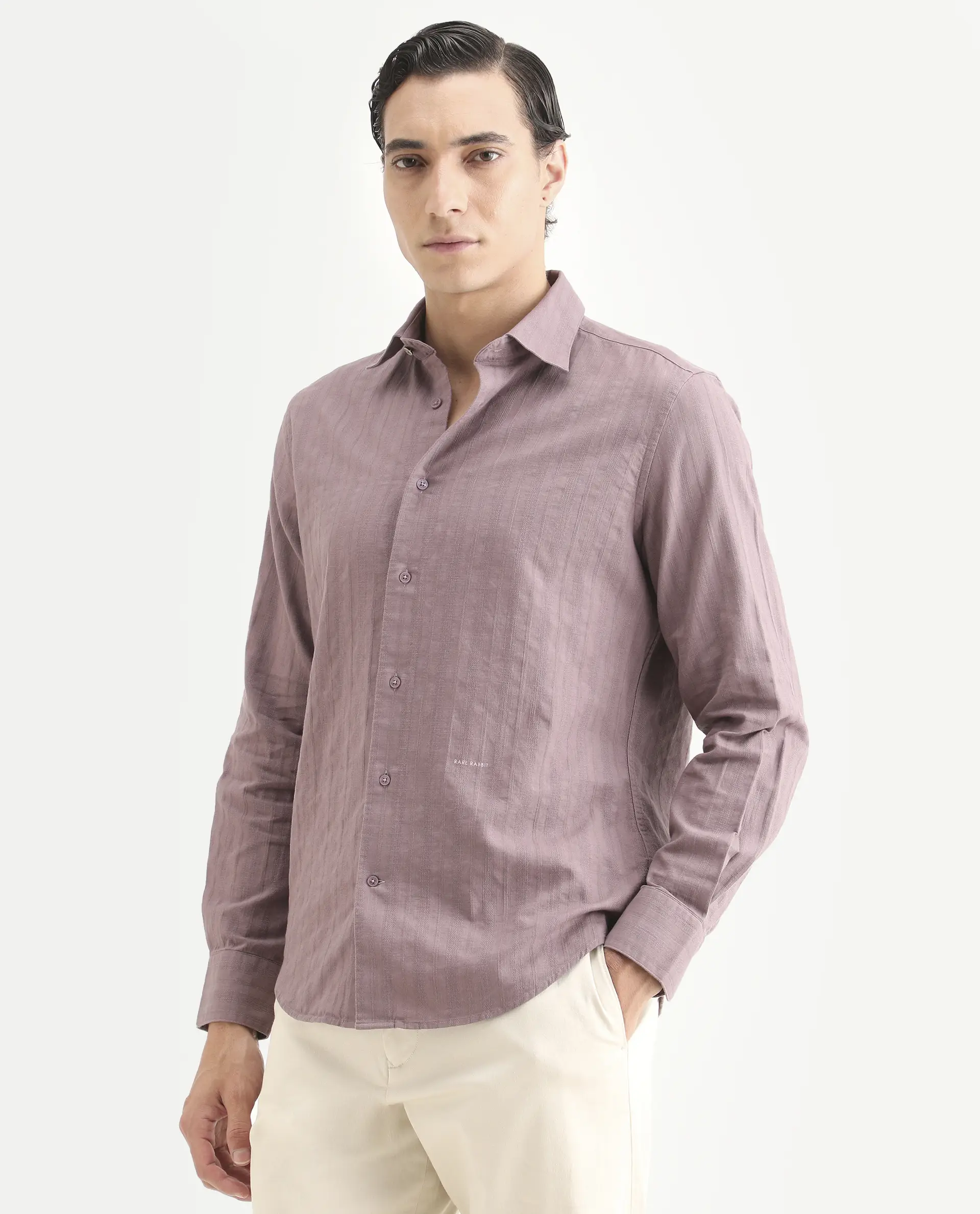 Rare Rabbit Men's Laver Dusky Pink Cotton Fabric Full Sleeve Regular Fit Textured Shirt - Image 4