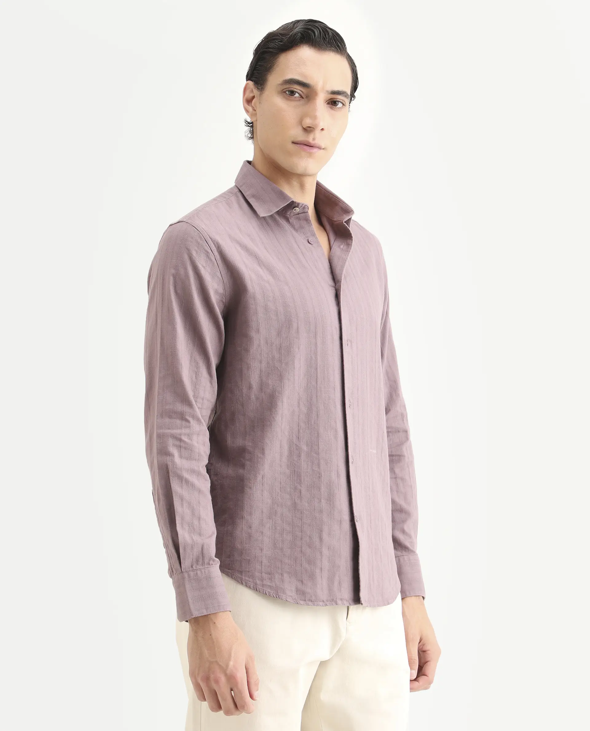 Rare Rabbit Men's Laver Dusky Pink Cotton Fabric Full Sleeve Regular Fit Textured Shirt - Image 5
