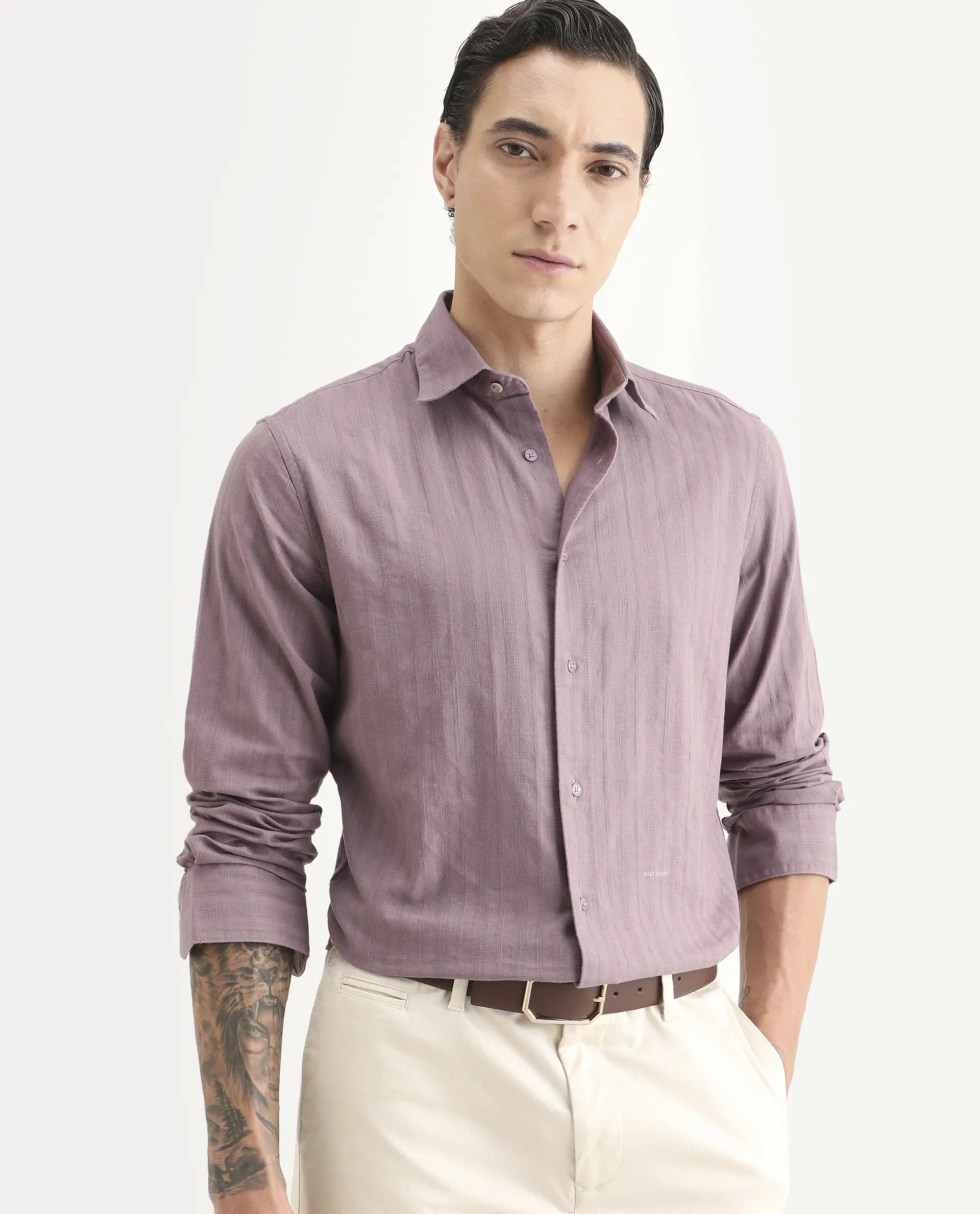 Rare Rabbit Men's Laver Dusky Pink Cotton Fabric Full Sleeve Regular Fit Textured Shirt - Image 6