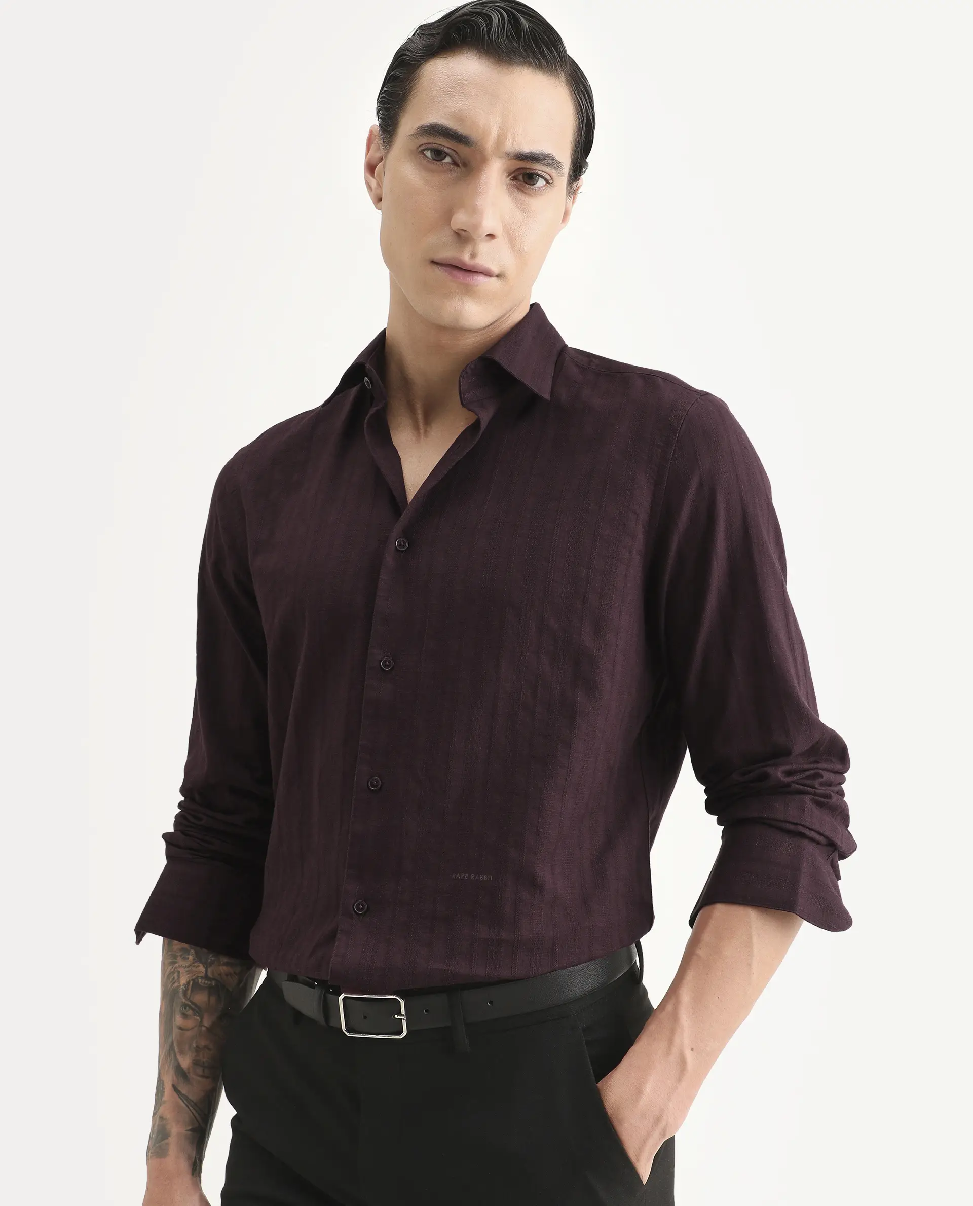 Rare Rabbit Men's Laver Dusky Teal Cotton Fabric Full Sleeve Regular Fit Textured Shirt