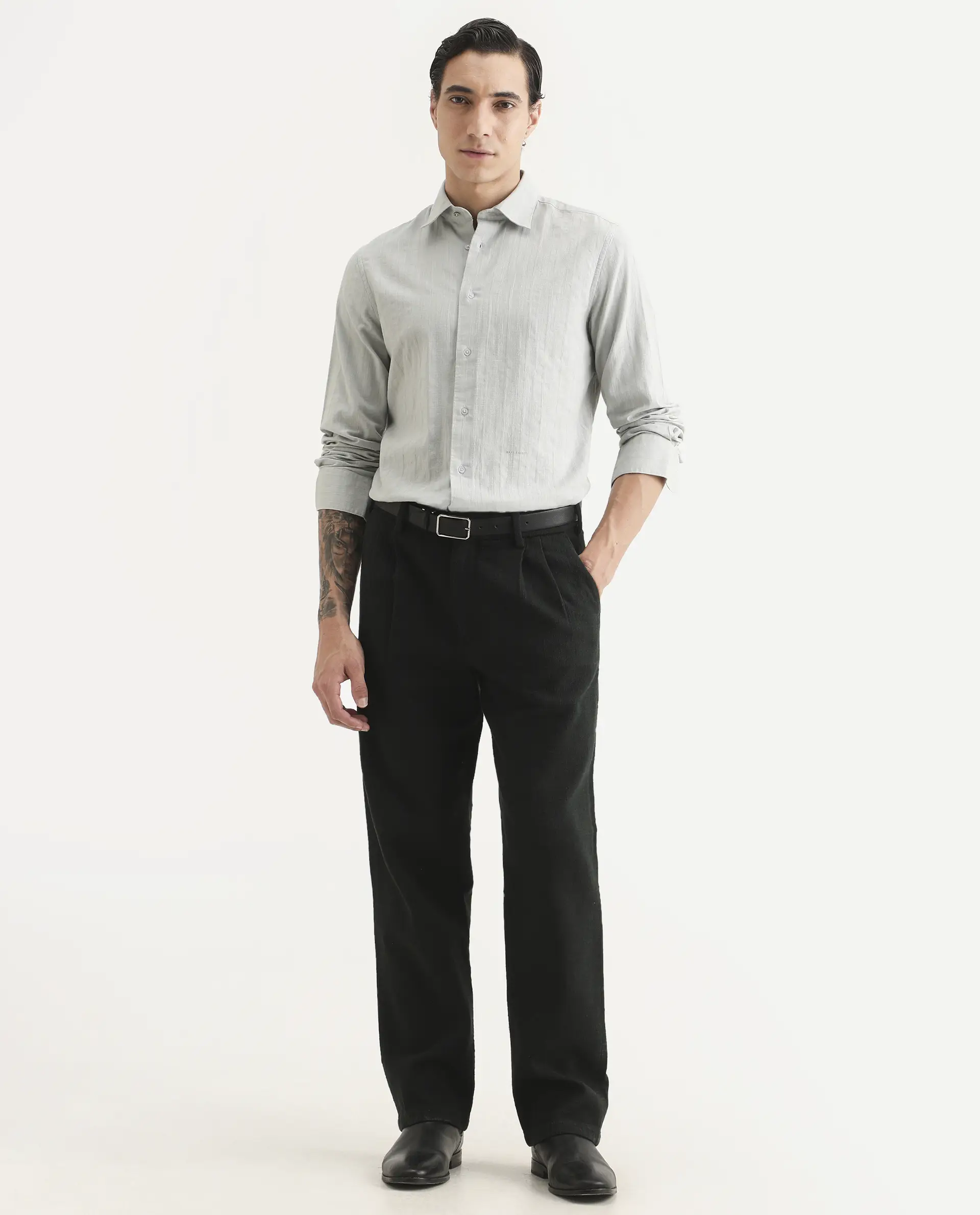 Rare Rabbit Men's Laver Grey Cotton Fabric Full Sleeve Regular Fit Textured Shirt - Image 2