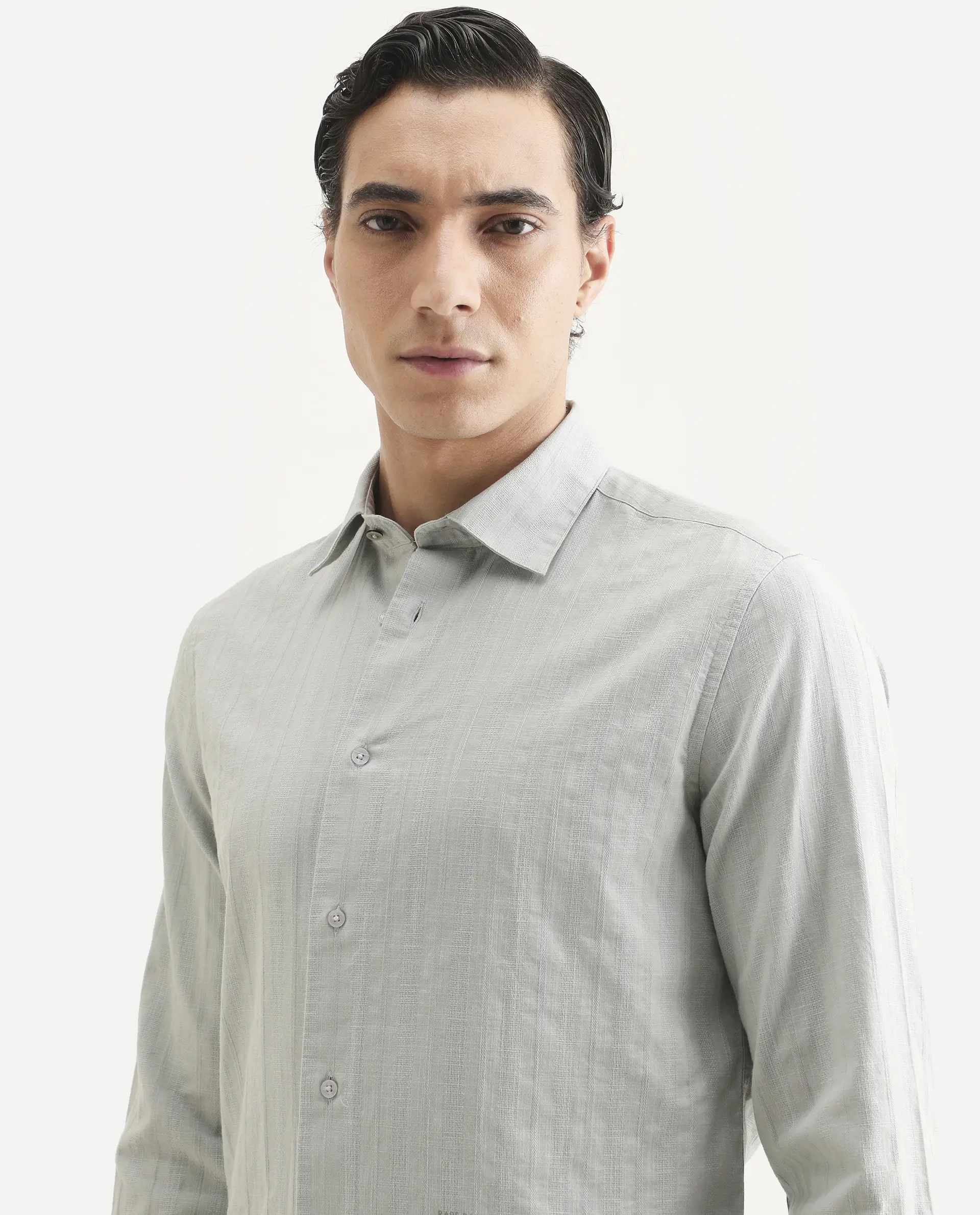 Rare Rabbit Men's Laver Grey Cotton Fabric Full Sleeve Regular Fit Textured Shirt - Image 4