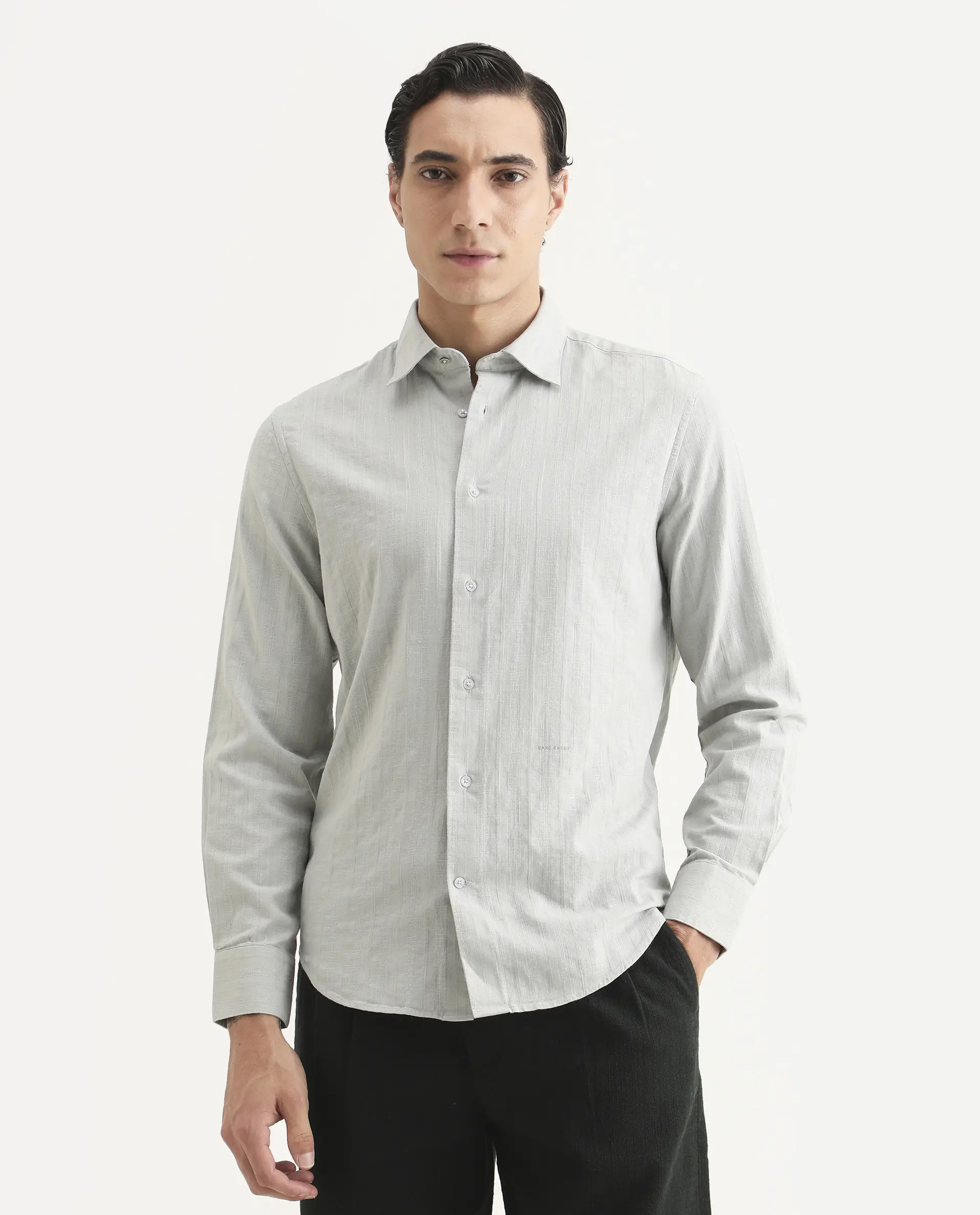 Rare Rabbit Men's Laver Grey Cotton Fabric Full Sleeve Regular Fit Textured Shirt - Image 5
