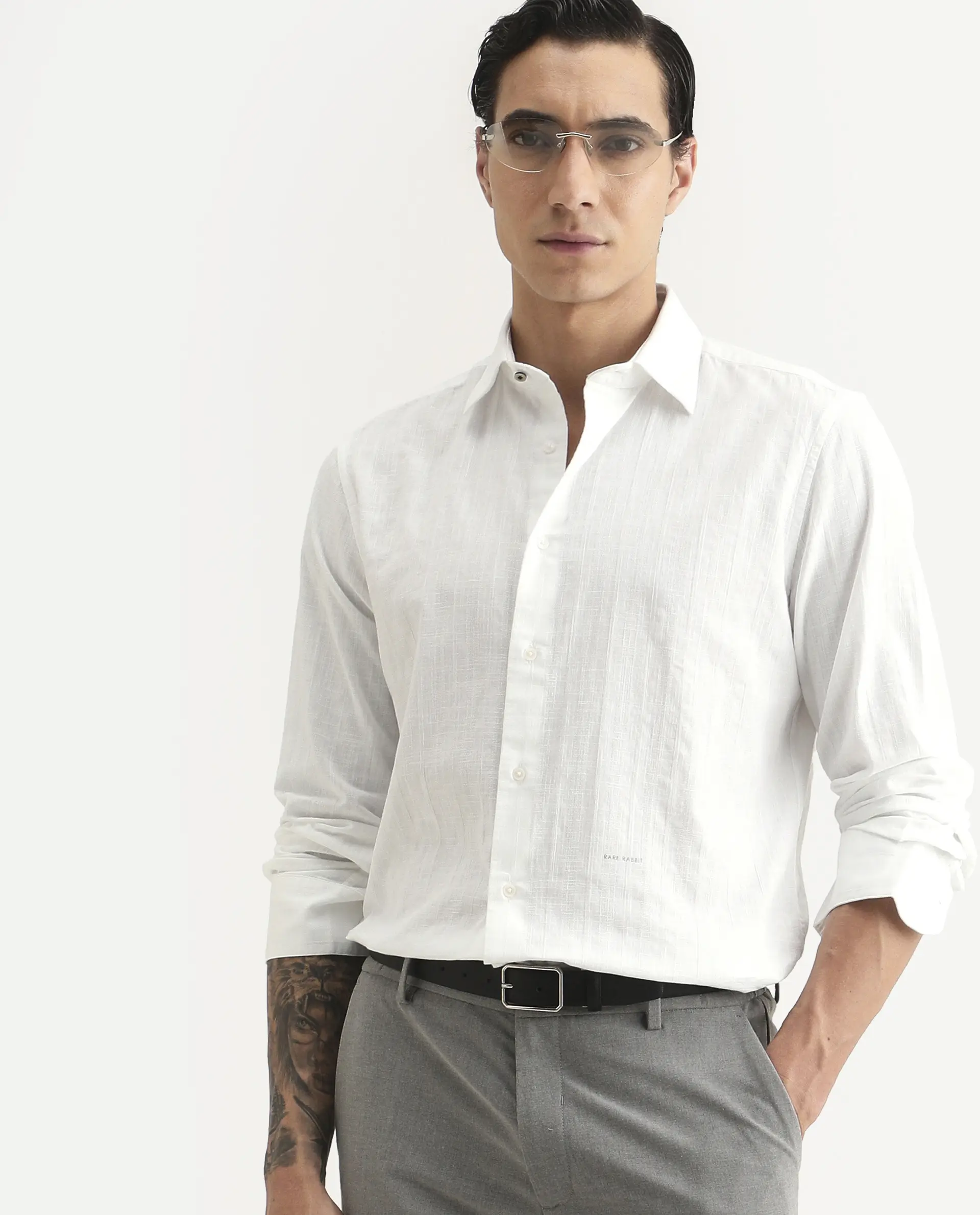 Rare Rabbit Men's Laver White Cotton Fabric Full Sleeve Regular Fit Textured Shirt