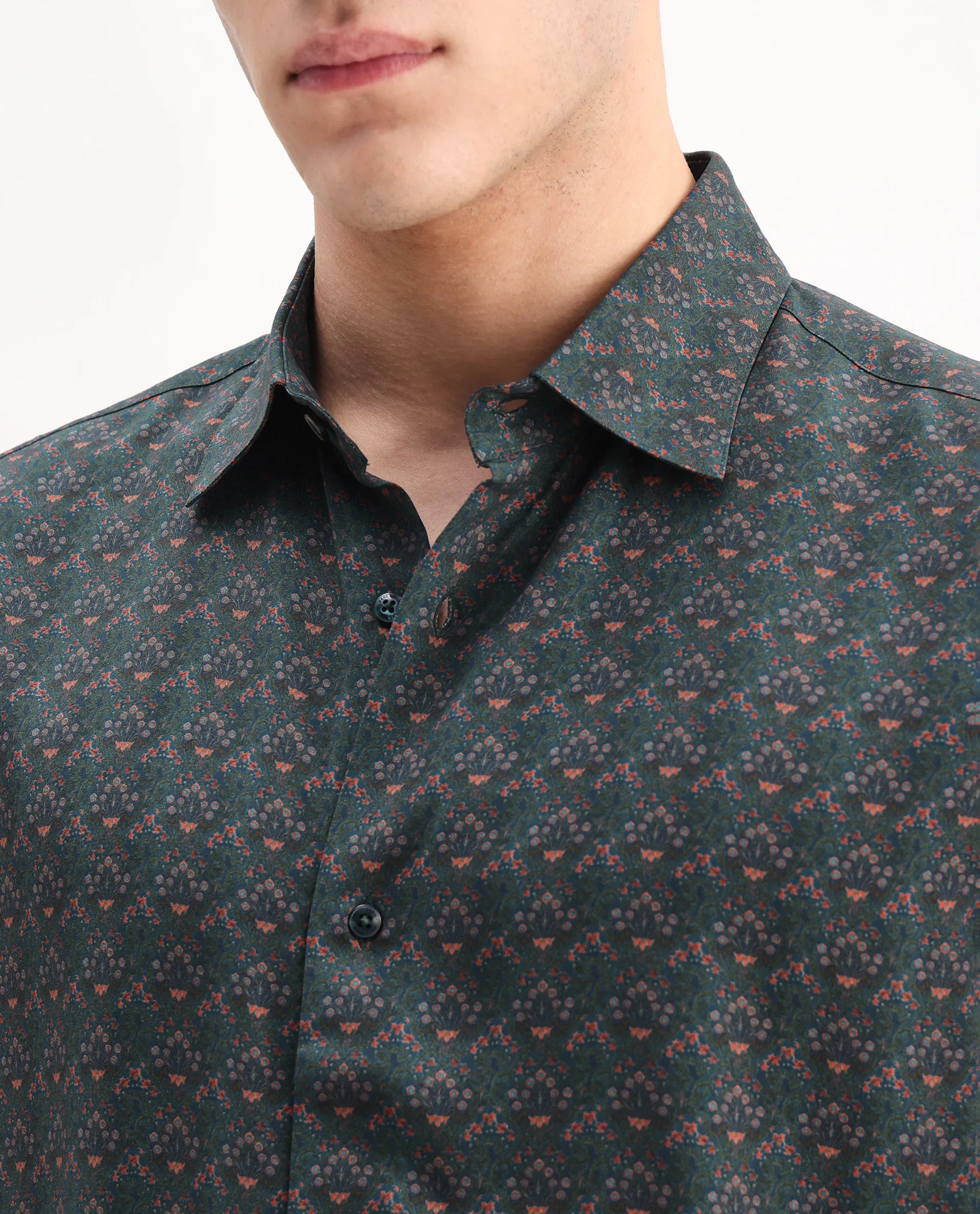 Rare Rabbit Men's Lavi Dark Green Viscose Floral Print Regular Fit Full Sleeve Collared Shirt - Image 3