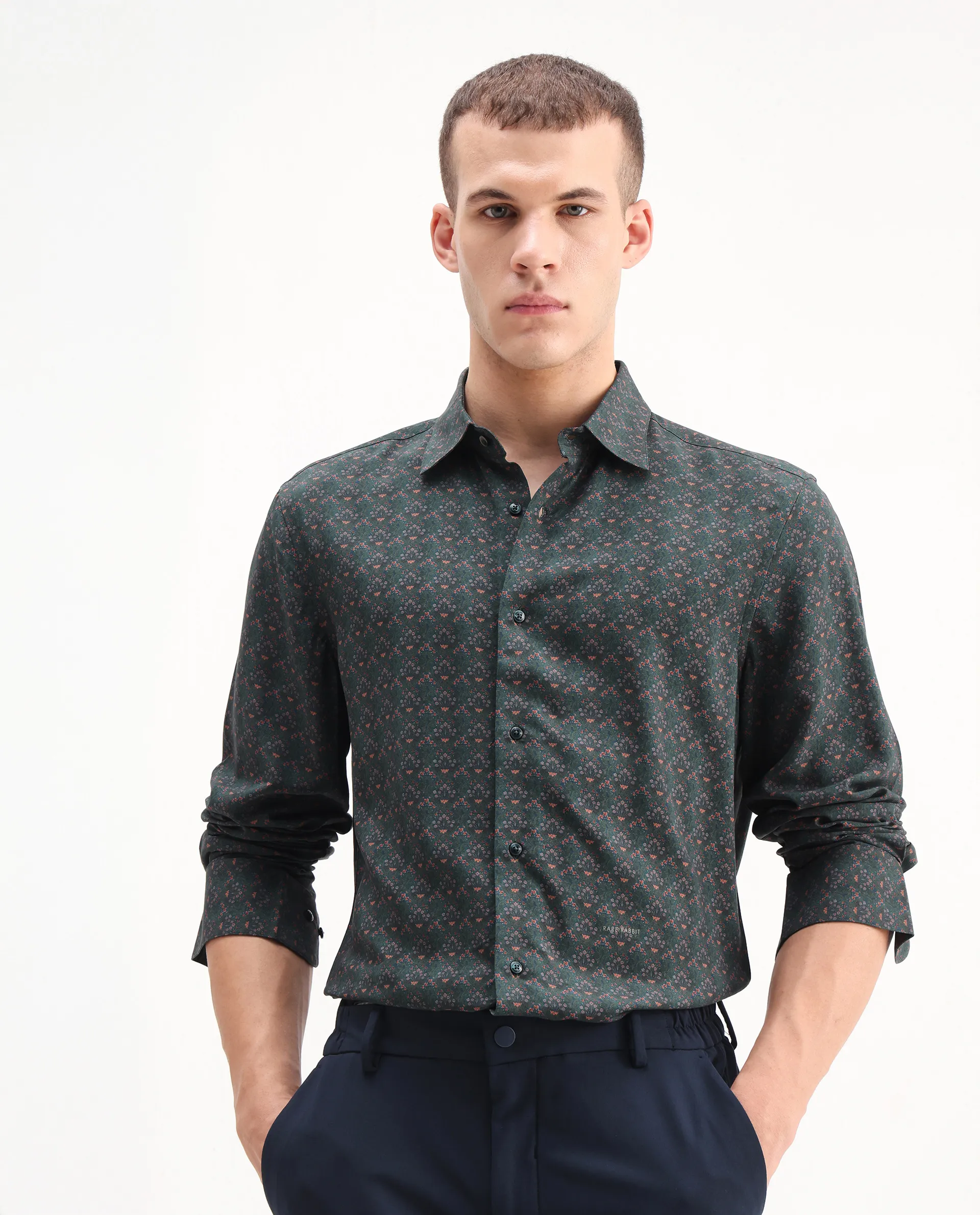 Rare Rabbit Men's Lavi Dark Green Viscose Floral Print Regular Fit Full Sleeve Collared Shirt - Image 4