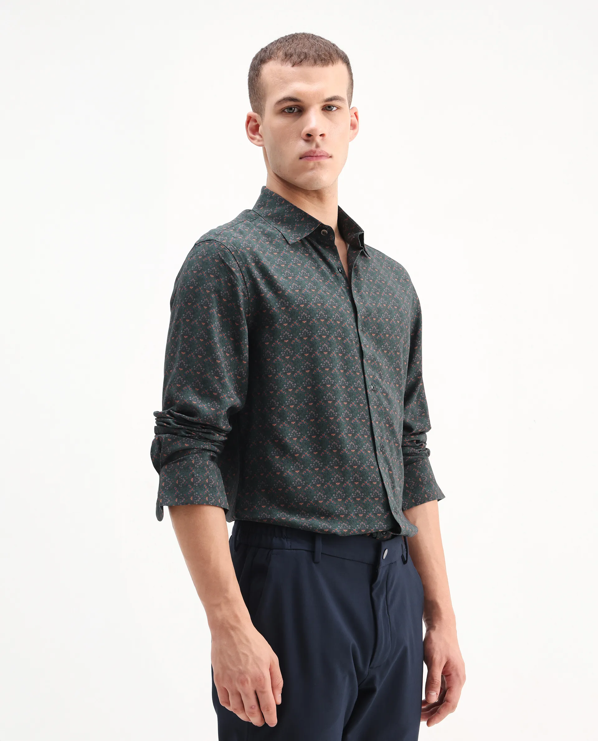 Rare Rabbit Men's Lavi Dark Green Viscose Floral Print Regular Fit Full Sleeve Collared Shirt - Image 6