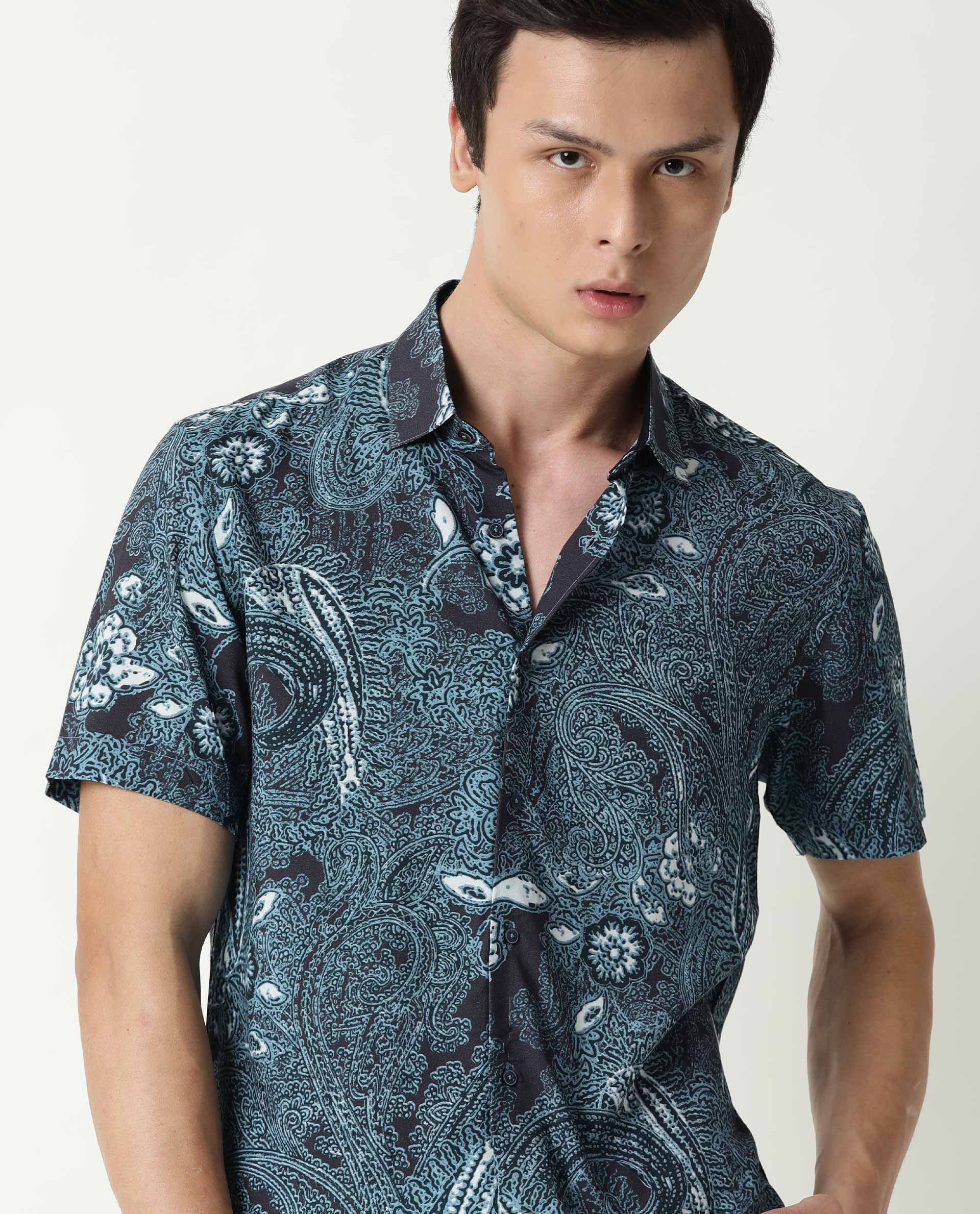 Rare Rabbit Men's Lawrn Ss Blue Cotton Printed Regular Fit Half Sleeve Collared Shirt