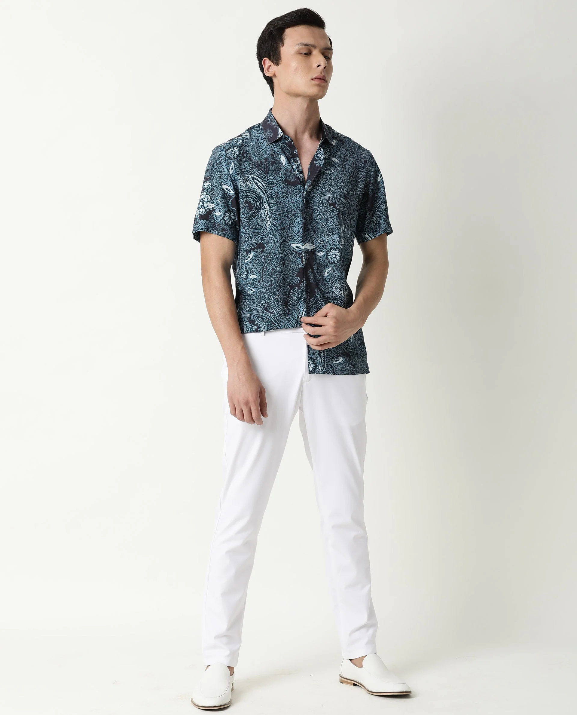 Rare Rabbit Men's Lawrn Ss Blue Cotton Printed Regular Fit Half Sleeve Collared Shirt - Image 2