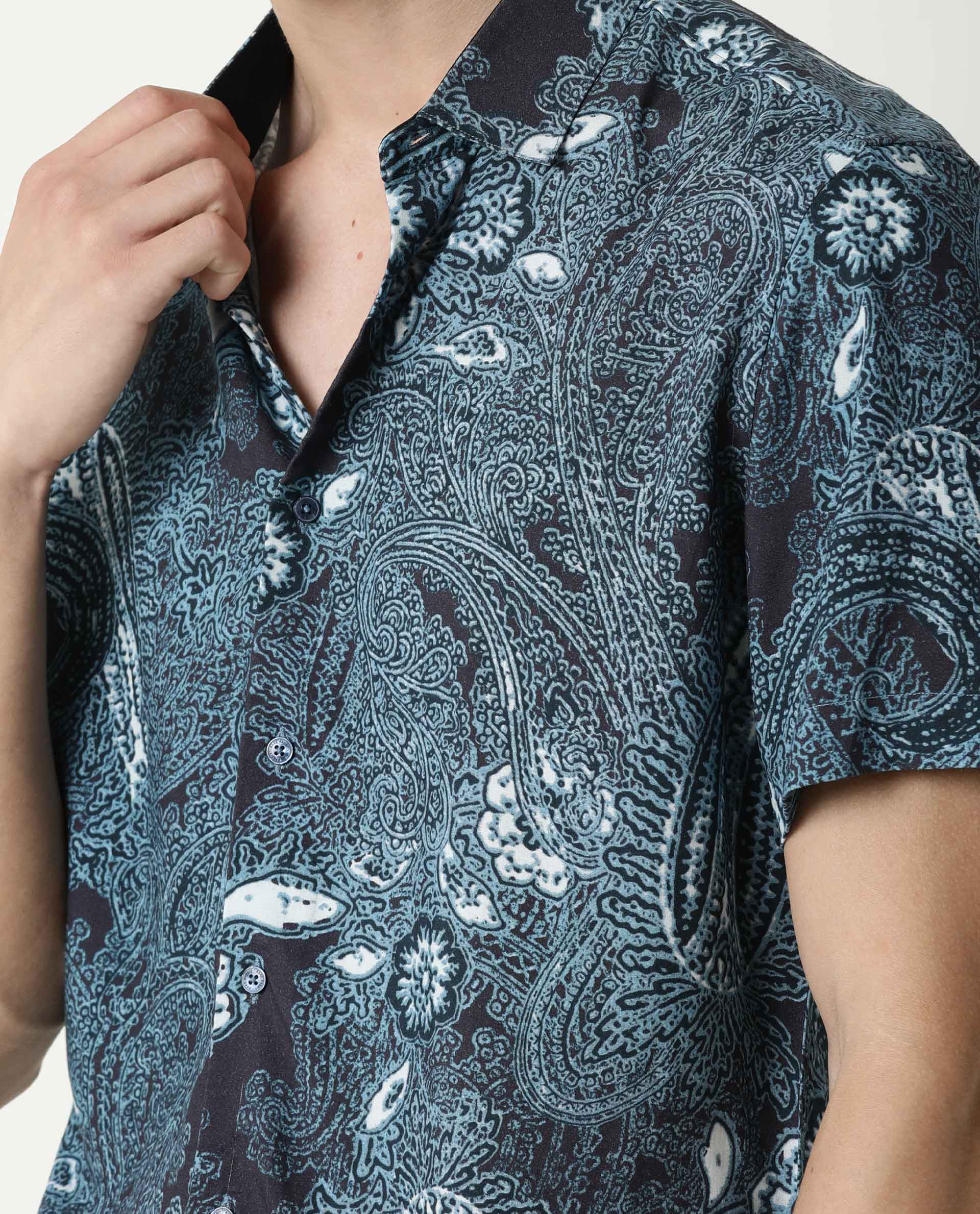 Rare Rabbit Men's Lawrn Ss Blue Cotton Printed Regular Fit Half Sleeve Collared Shirt - Image 5