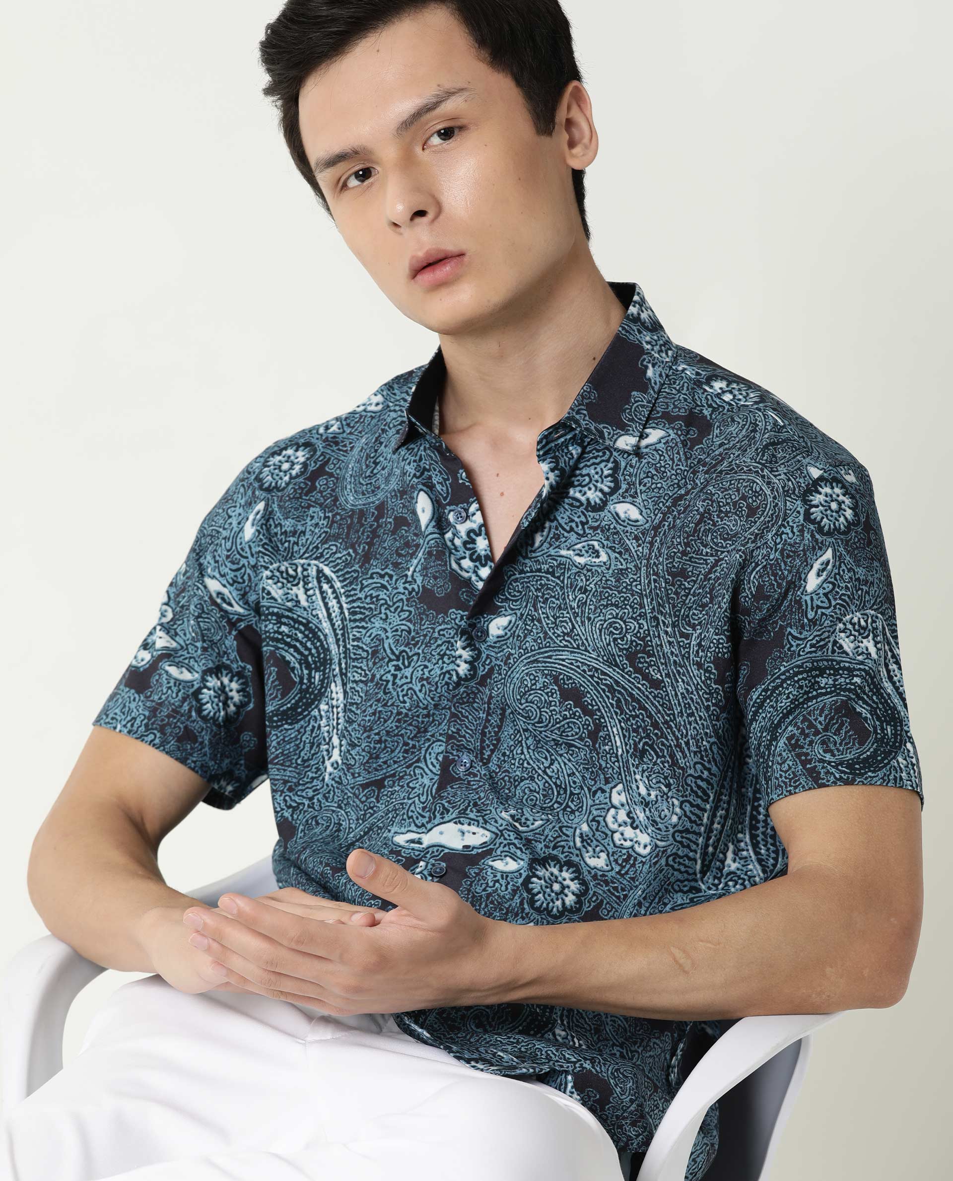 Rare Rabbit Men's Lawrn Ss Blue Cotton Printed Regular Fit Half Sleeve Collared Shirt - Image 7
