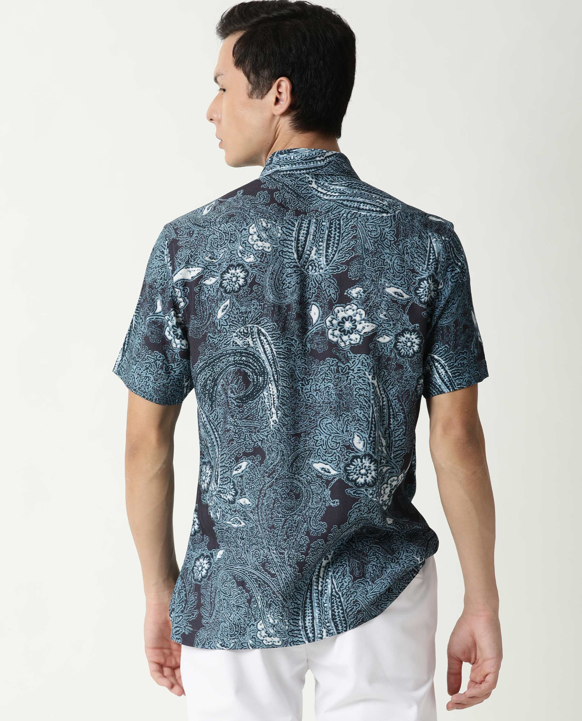 Rare Rabbit Men's Lawrn Ss Blue Cotton Printed Regular Fit Half Sleeve Collared Shirt - Image 9