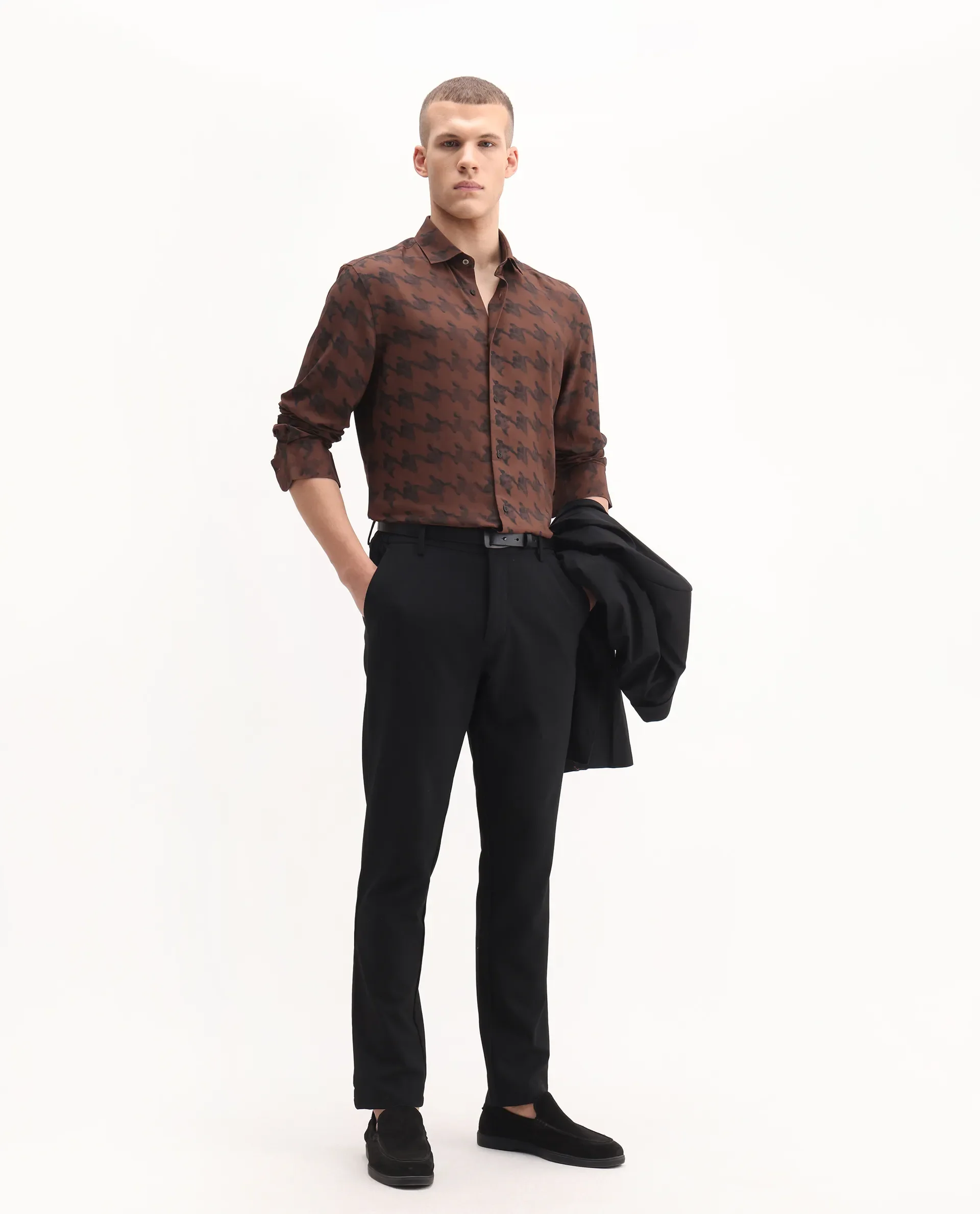 Rare Rabbit Men's Laxo Black Viscose Houndstooth Print Regular Fit Full Sleeve Collared Shirt - Image 2