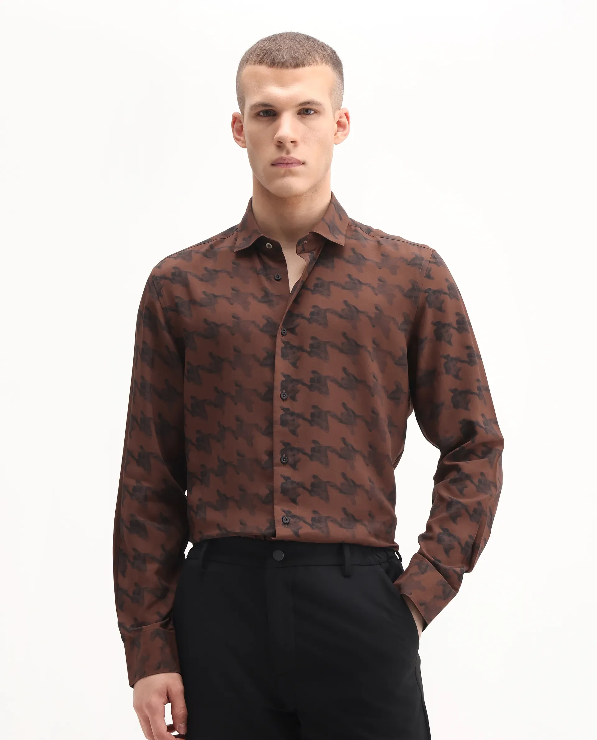 Rare Rabbit Men's Laxo Black Viscose Houndstooth Print Regular Fit Full Sleeve Collared Shirt - Image 4