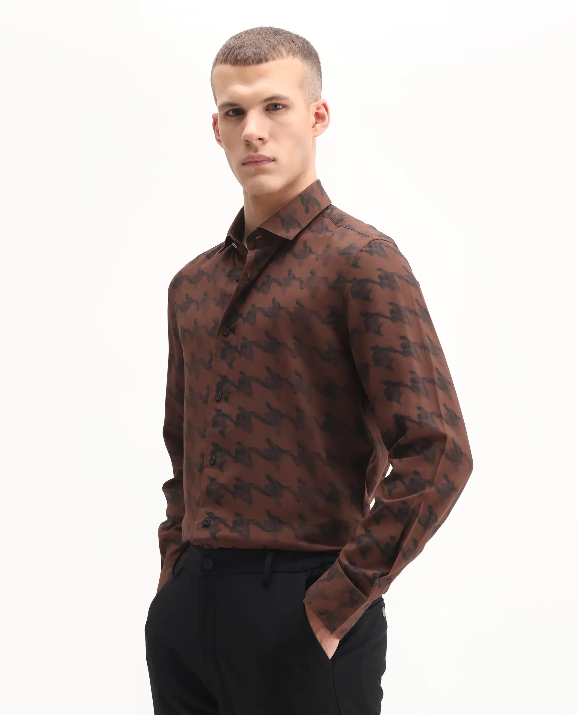 Rare Rabbit Men's Laxo Black Viscose Houndstooth Print Regular Fit Full Sleeve Collared Shirt - Image 5