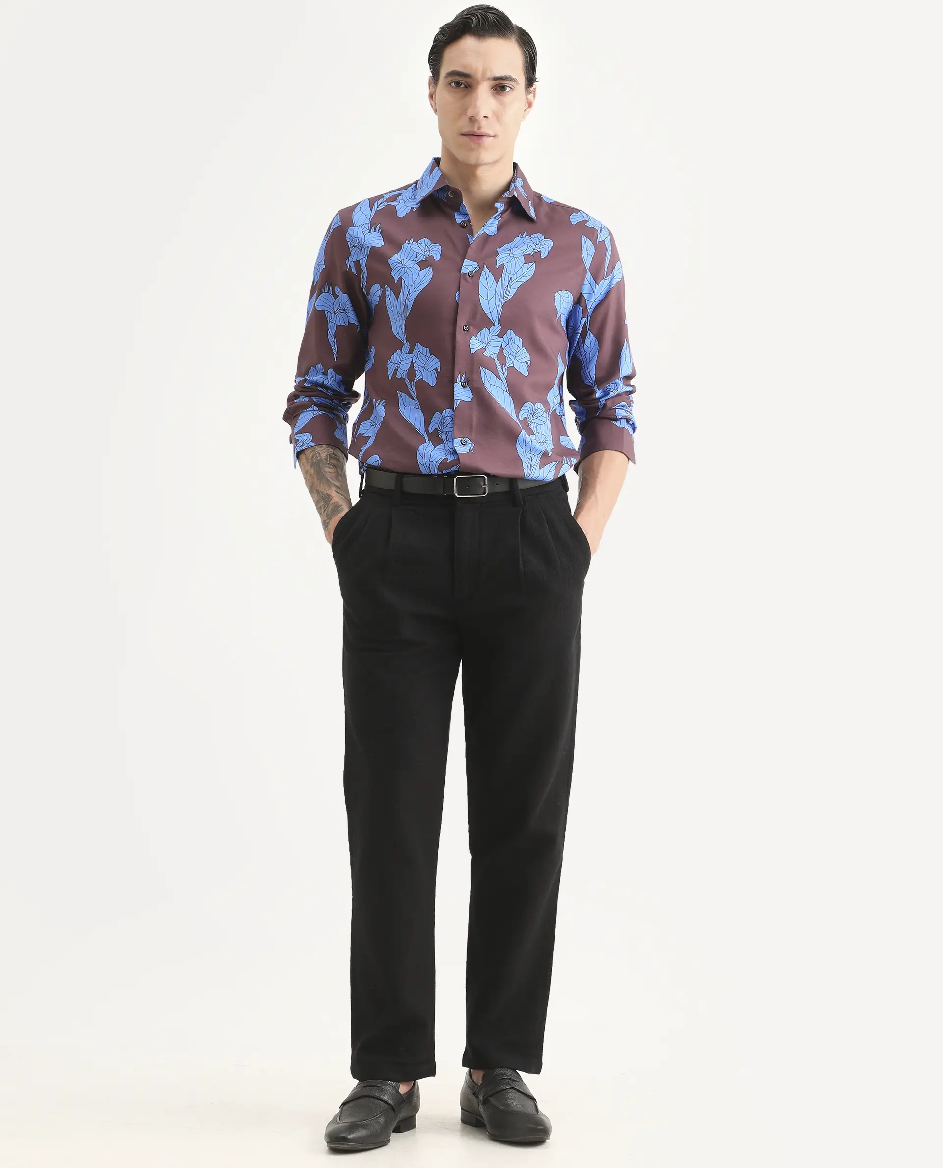 Rare Rabbit Men's Laxo Dusky Brown Cotton Blend Fabric Full Sleeve Spread Collar Regular Fit Floral Print Shirt - Image 2