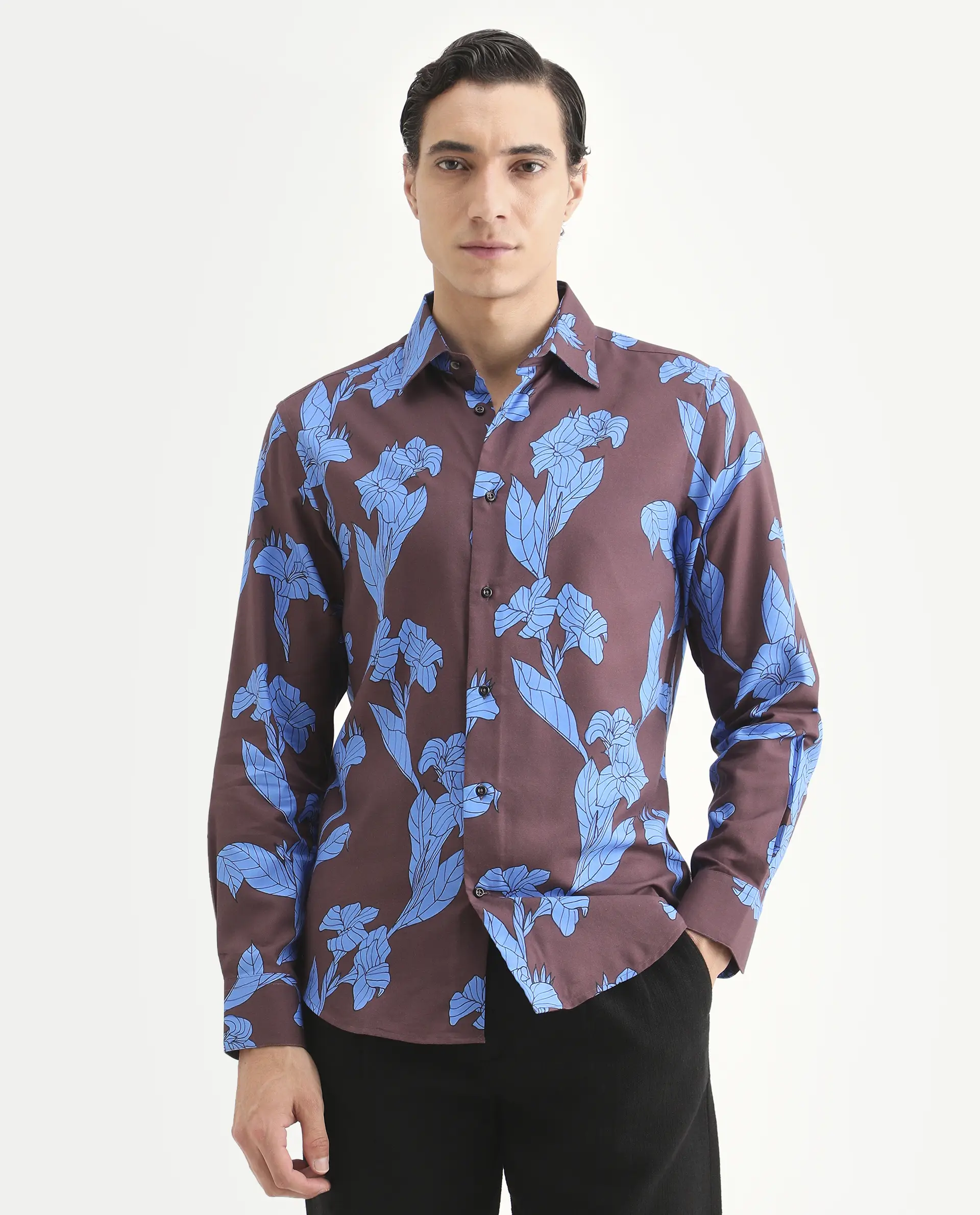 Rare Rabbit Men's Laxo Dusky Brown Cotton Blend Fabric Full Sleeve Spread Collar Regular Fit Floral Print Shirt - Image 4