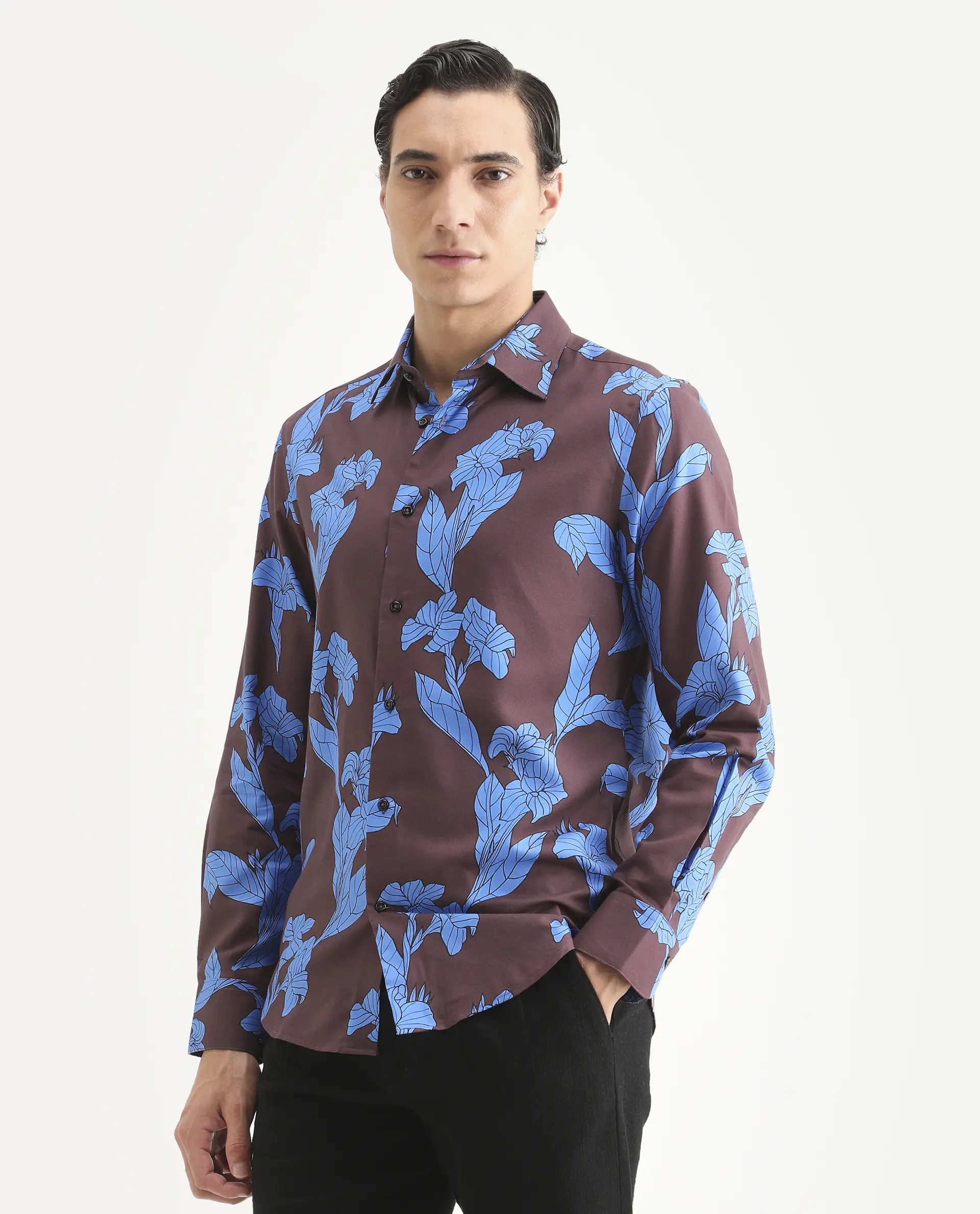 Rare Rabbit Men's Laxo Dusky Brown Cotton Blend Fabric Full Sleeve Spread Collar Regular Fit Floral Print Shirt - Image 5