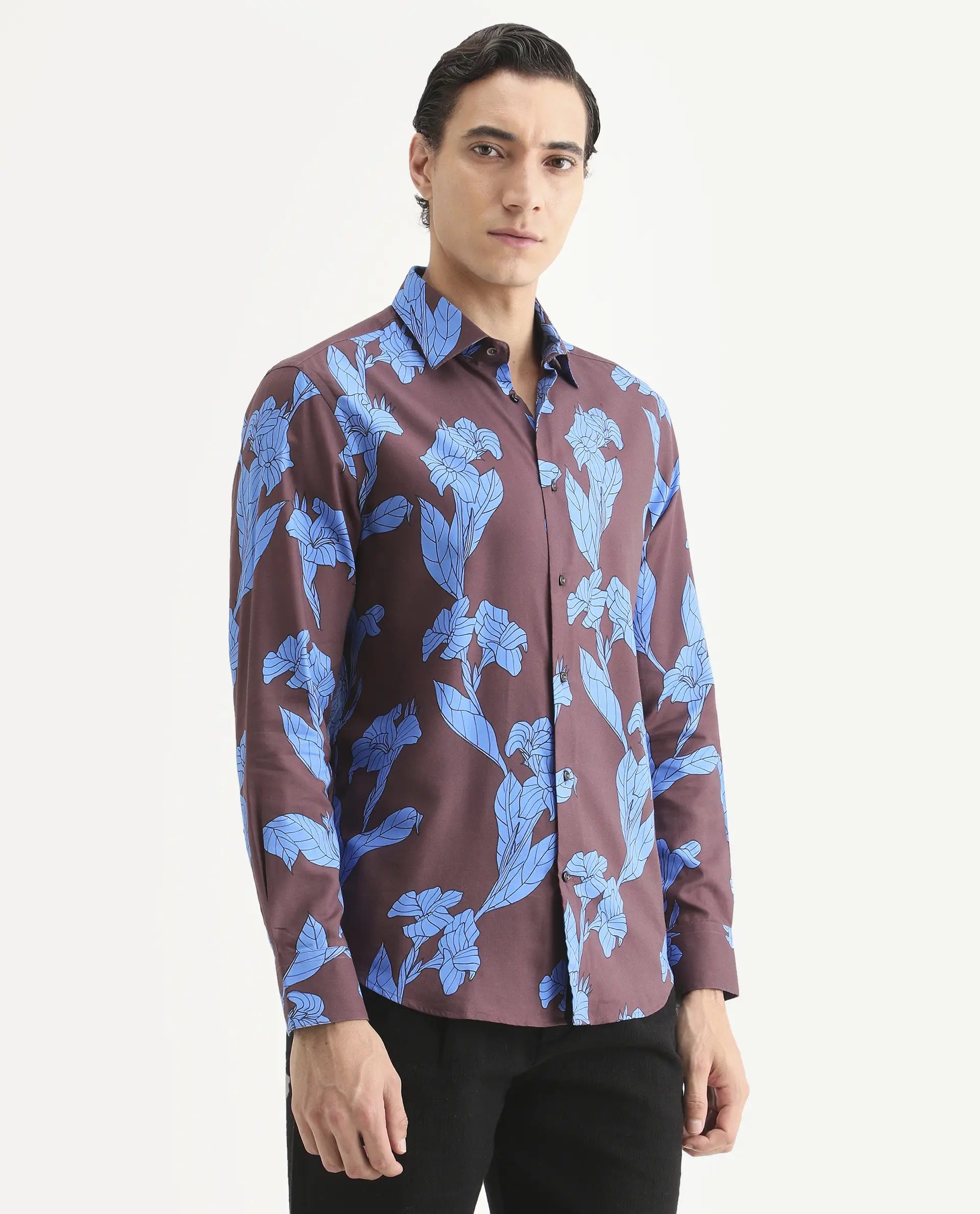 Rare Rabbit Men's Laxo Dusky Brown Cotton Blend Fabric Full Sleeve Spread Collar Regular Fit Floral Print Shirt - Image 6