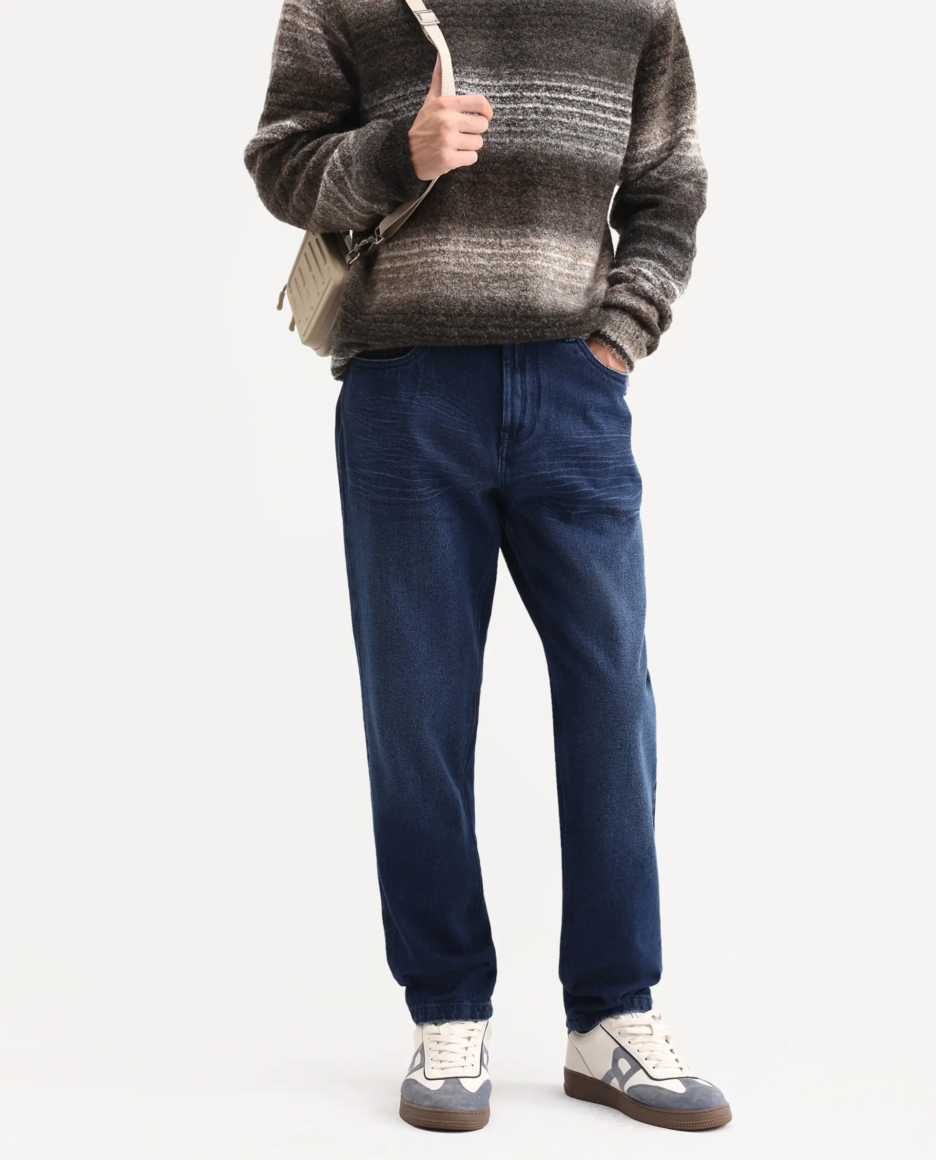 Rare Rabbit Men's Laxx Dark Blue Cotton Blend Fabric Shank And Zipper Kurt Carrot Plain Jeans - Image 2