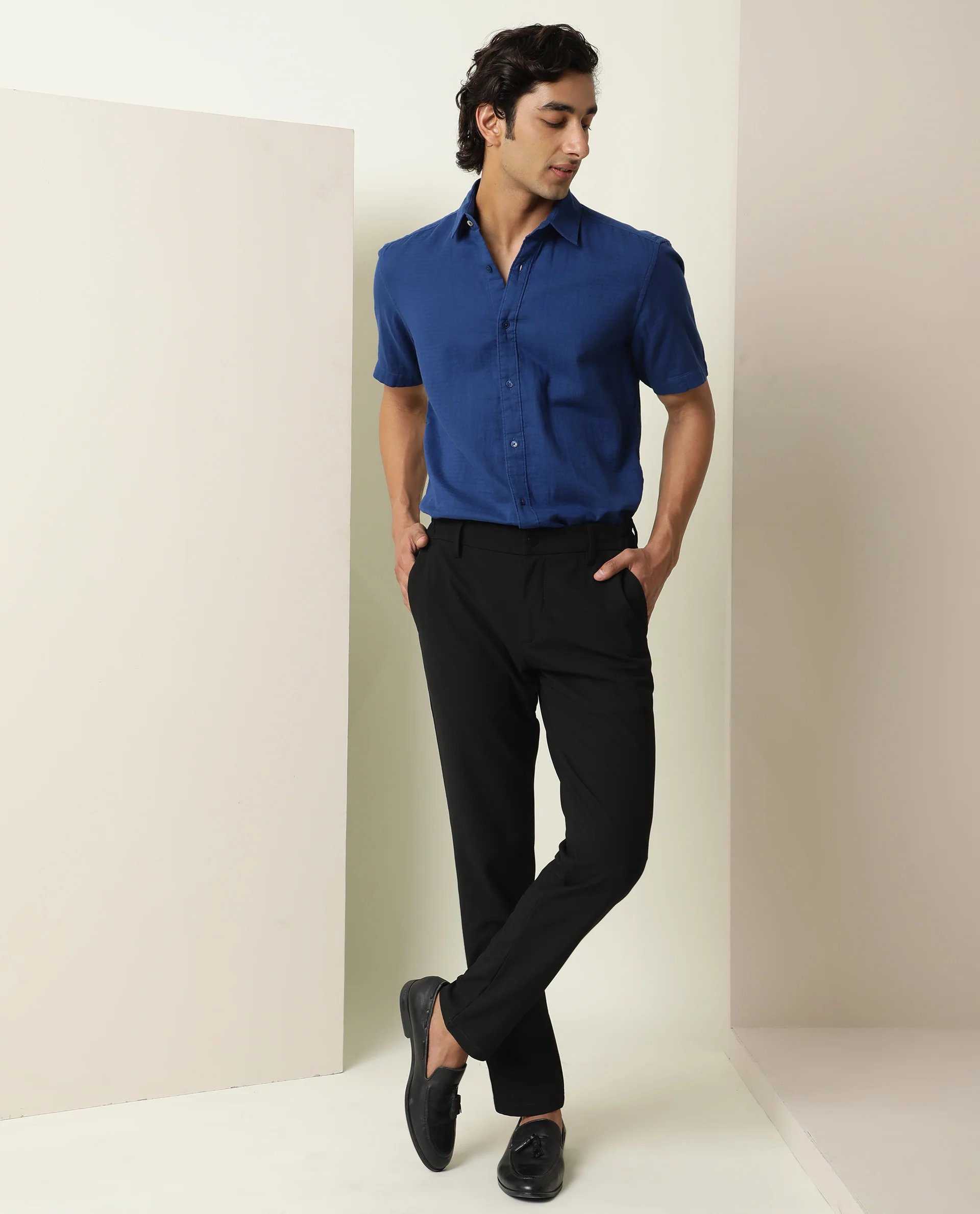 Rare Rabbit Men's Lay Blue Cotton Plain Regular Fit Half Sleeve Spread Collar Shirt - Image 2