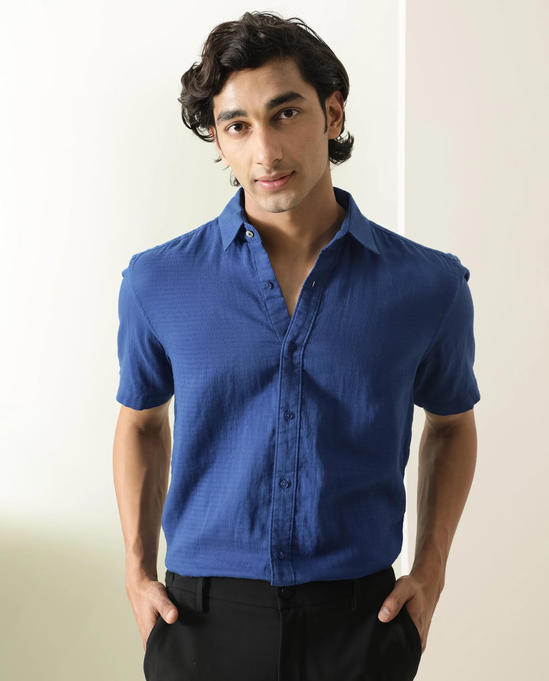 Rare Rabbit Men's Lay Blue Cotton Plain Regular Fit Half Sleeve Spread Collar Shirt - Image 3