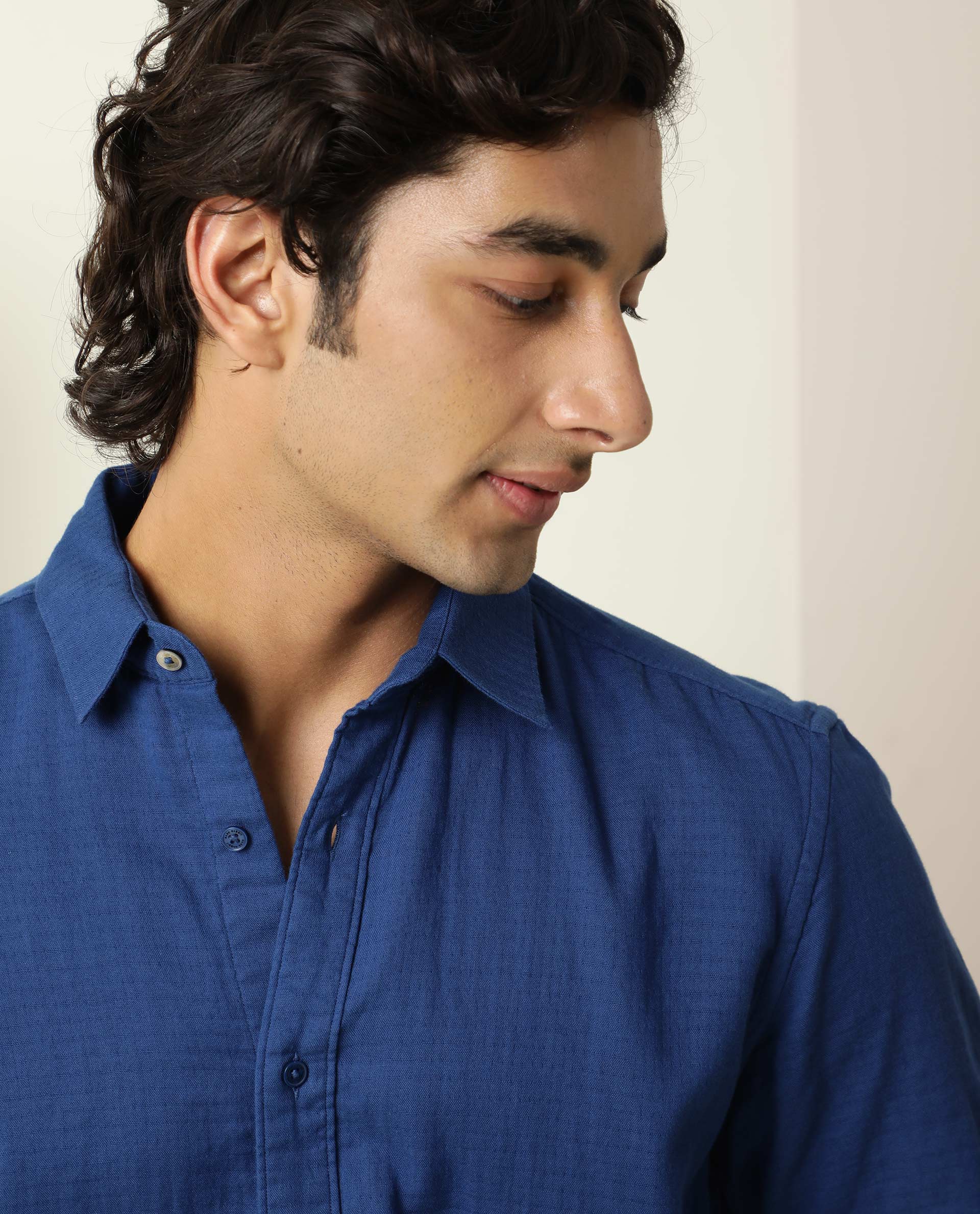 Rare Rabbit Men's Lay Blue Cotton Plain Regular Fit Half Sleeve Spread Collar Shirt - Image 4