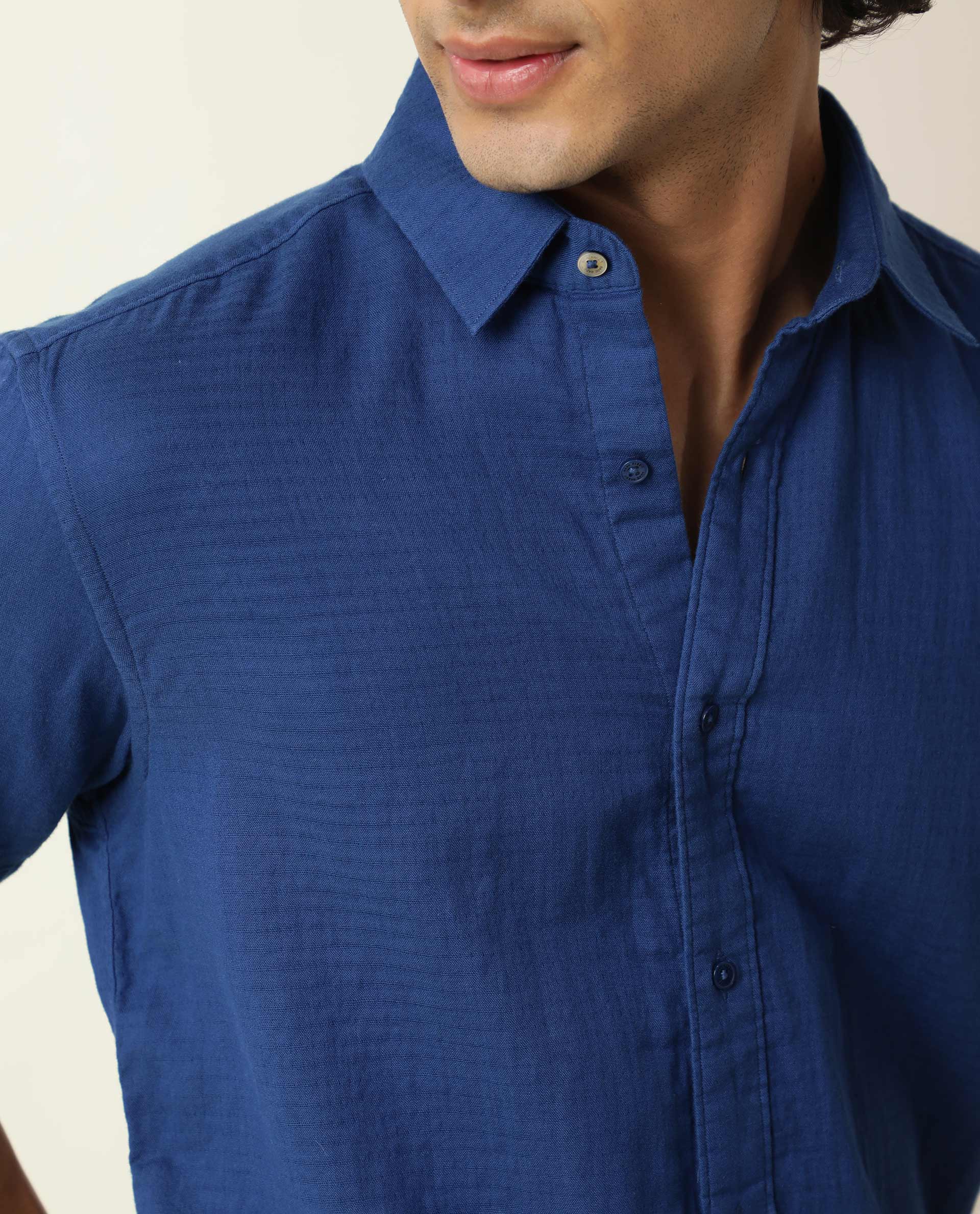 Rare Rabbit Men's Lay Blue Cotton Plain Regular Fit Half Sleeve Spread Collar Shirt - Image 5