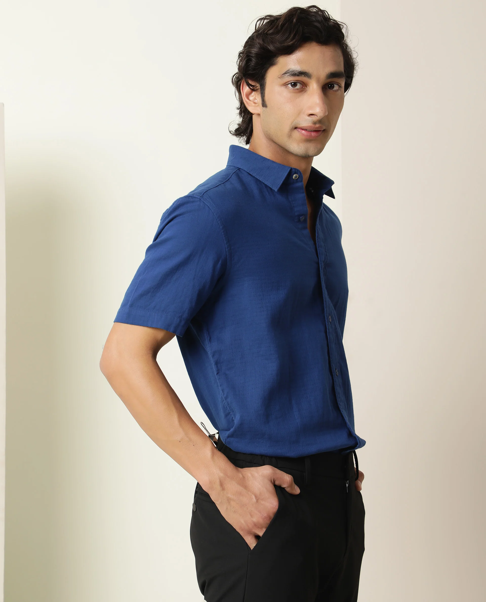Rare Rabbit Men's Lay Blue Cotton Plain Regular Fit Half Sleeve Spread Collar Shirt - Image 6