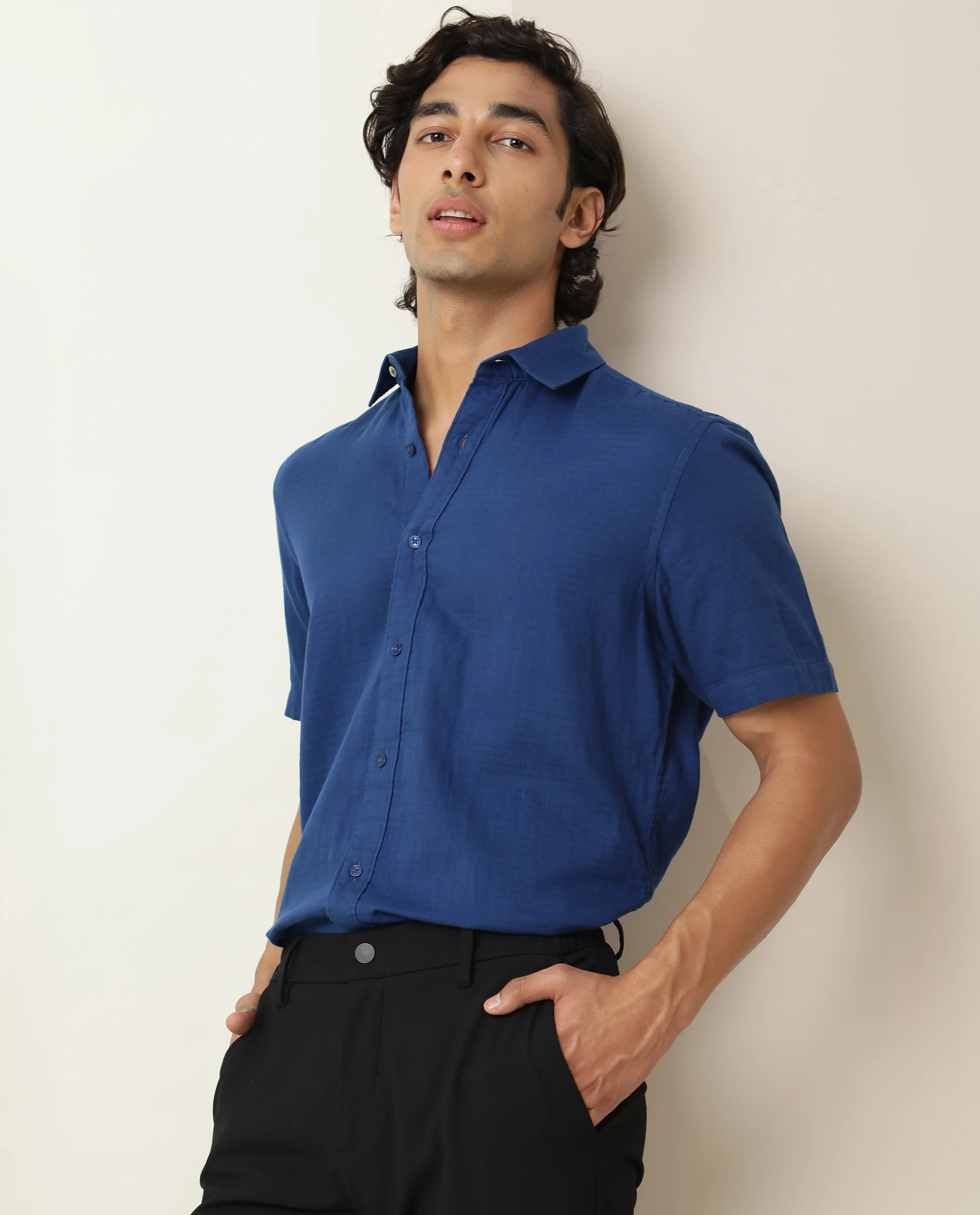 Rare Rabbit Men's Lay Blue Cotton Plain Regular Fit Half Sleeve Spread Collar Shirt - Image 7