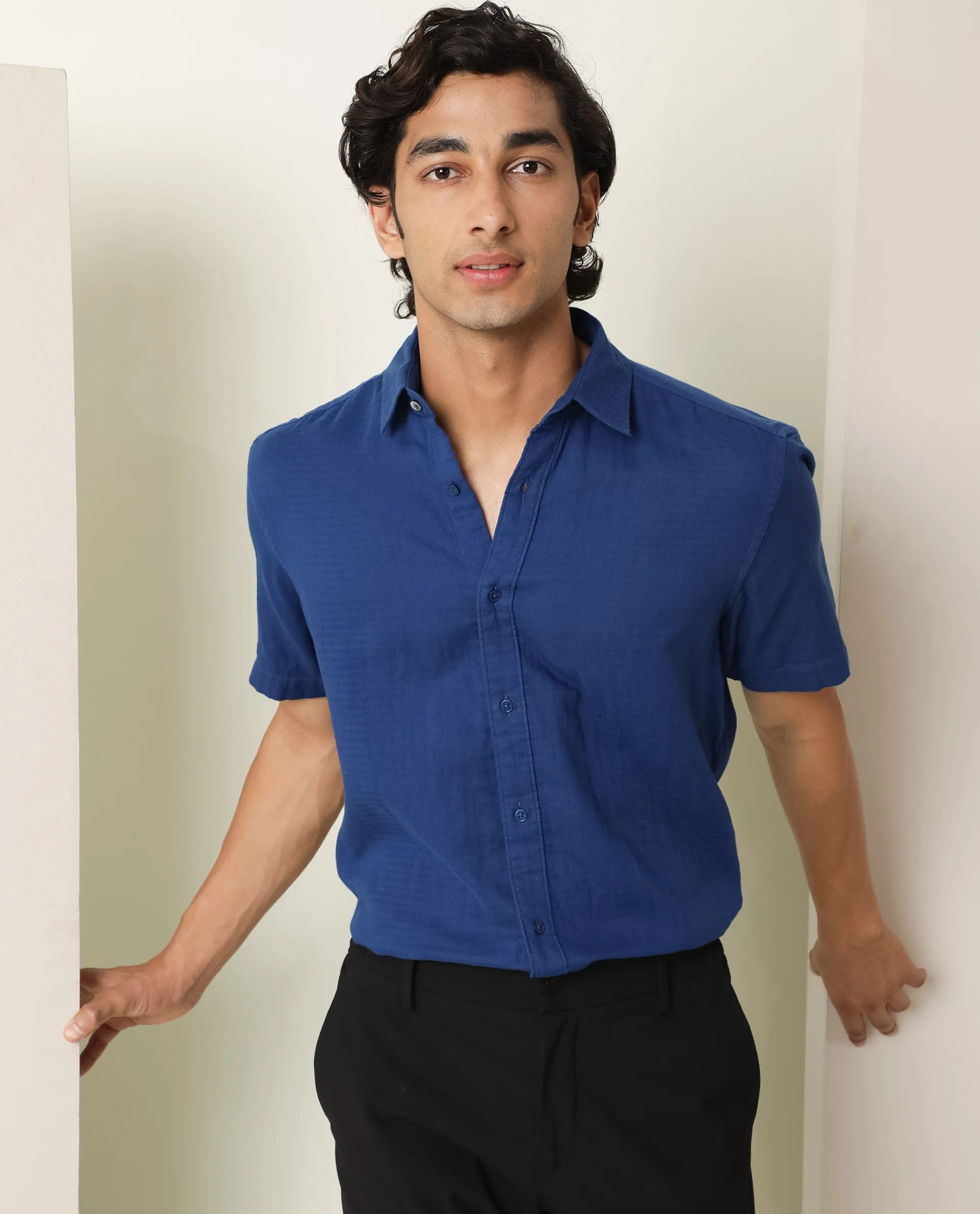 Rare Rabbit Men's Lay Blue Cotton Plain Regular Fit Half Sleeve Spread Collar Shirt - Image 8
