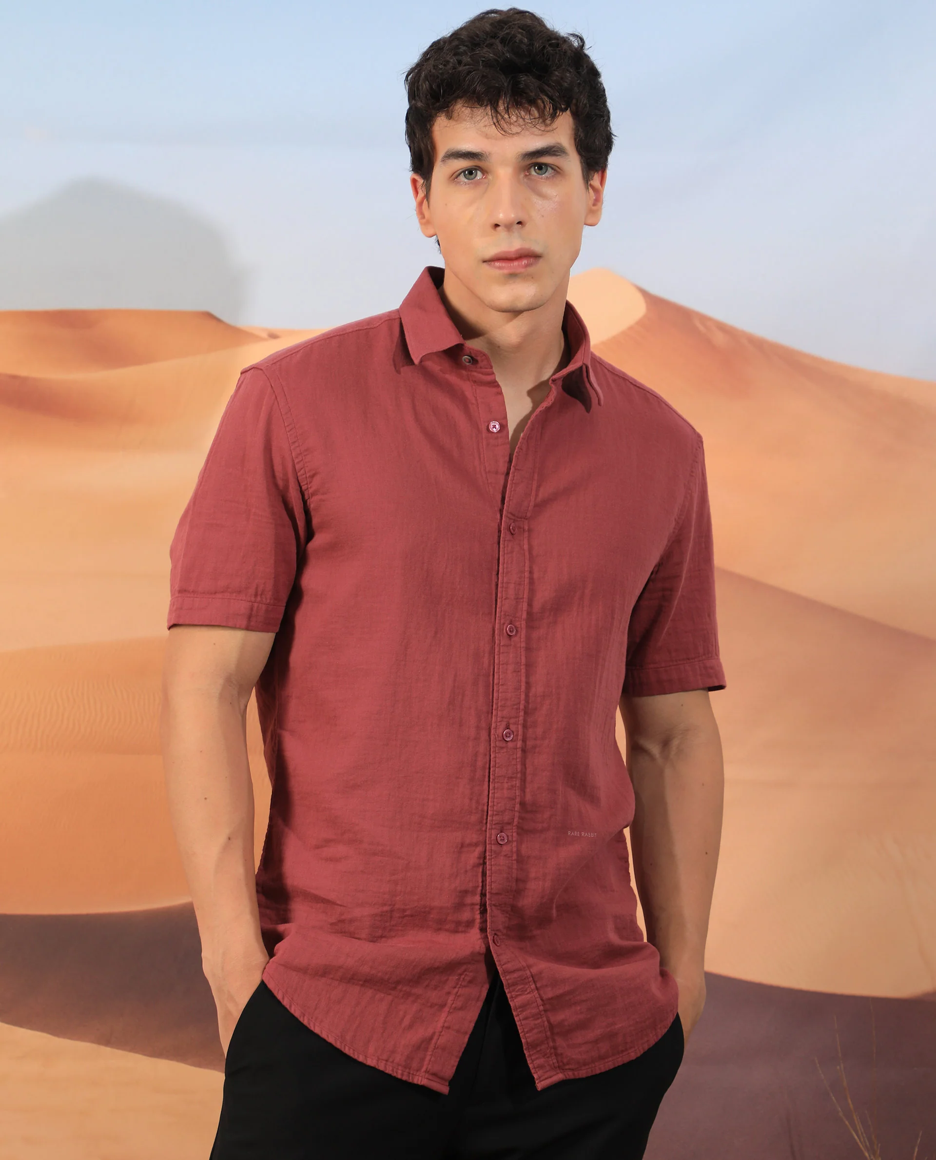 Rare Rabbit Men's Lay Red Regular Fit Half Sleeve Spread Collar Shirt