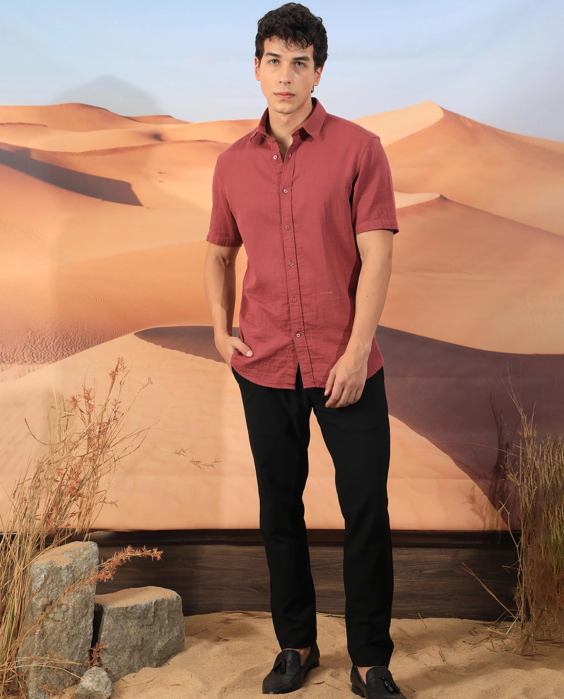 Rare Rabbit Men's Lay Red Regular Fit Half Sleeve Spread Collar Shirt - Image 2