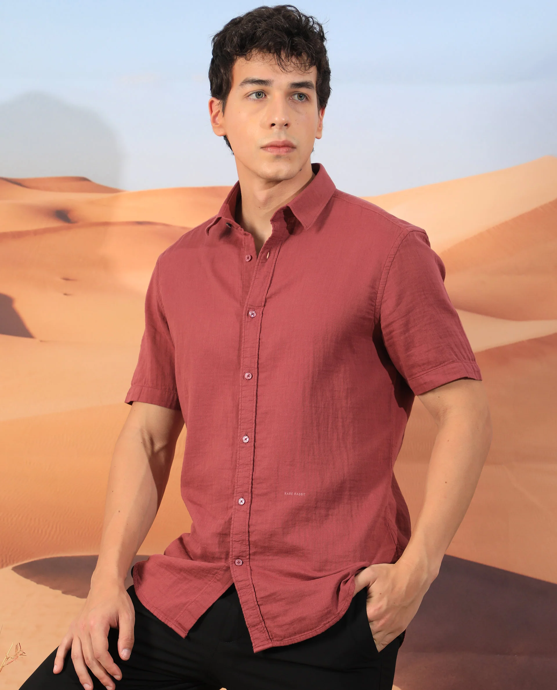 Rare Rabbit Men's Lay Red Regular Fit Half Sleeve Spread Collar Shirt - Image 4