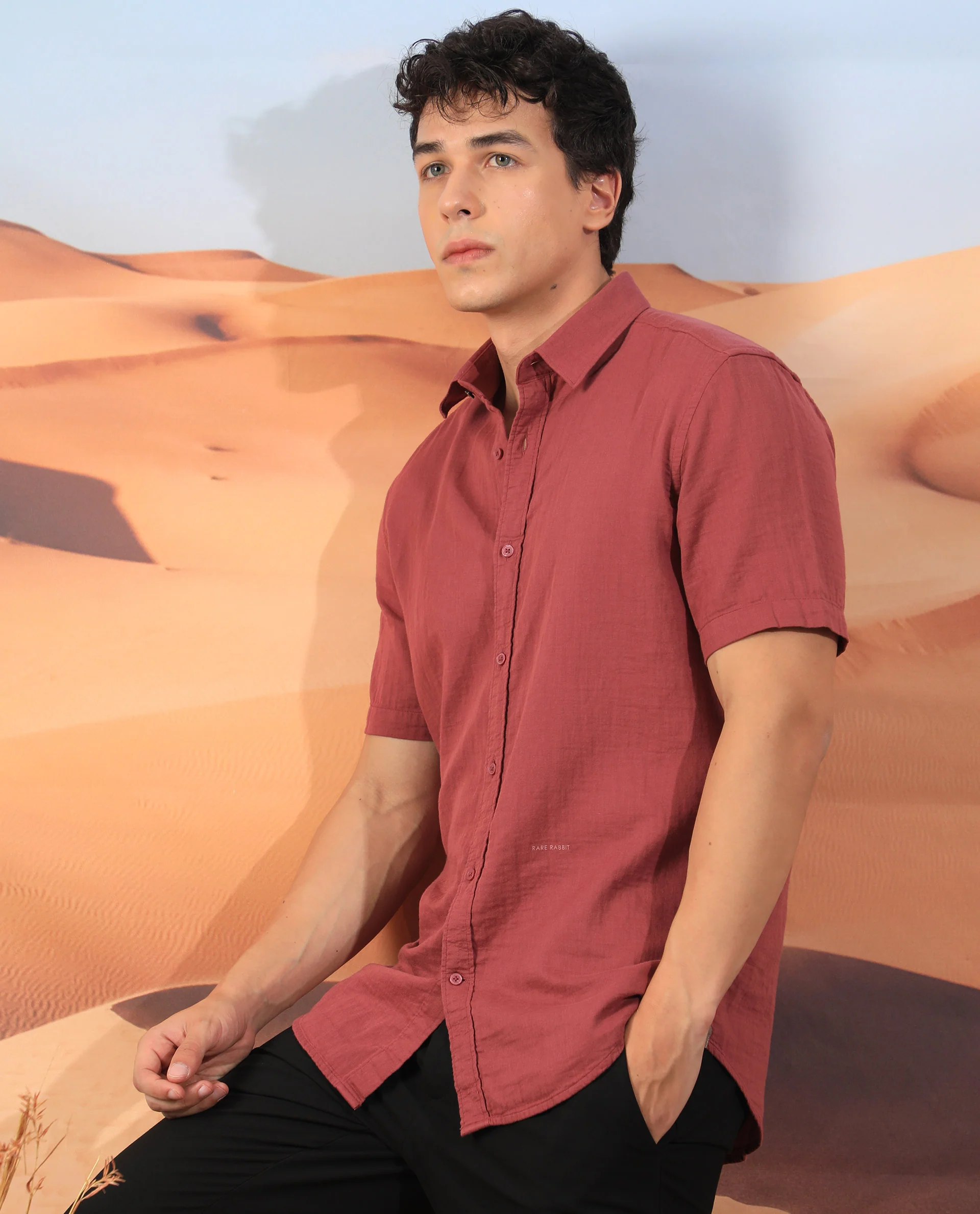 Rare Rabbit Men's Lay Red Regular Fit Half Sleeve Spread Collar Shirt - Image 5