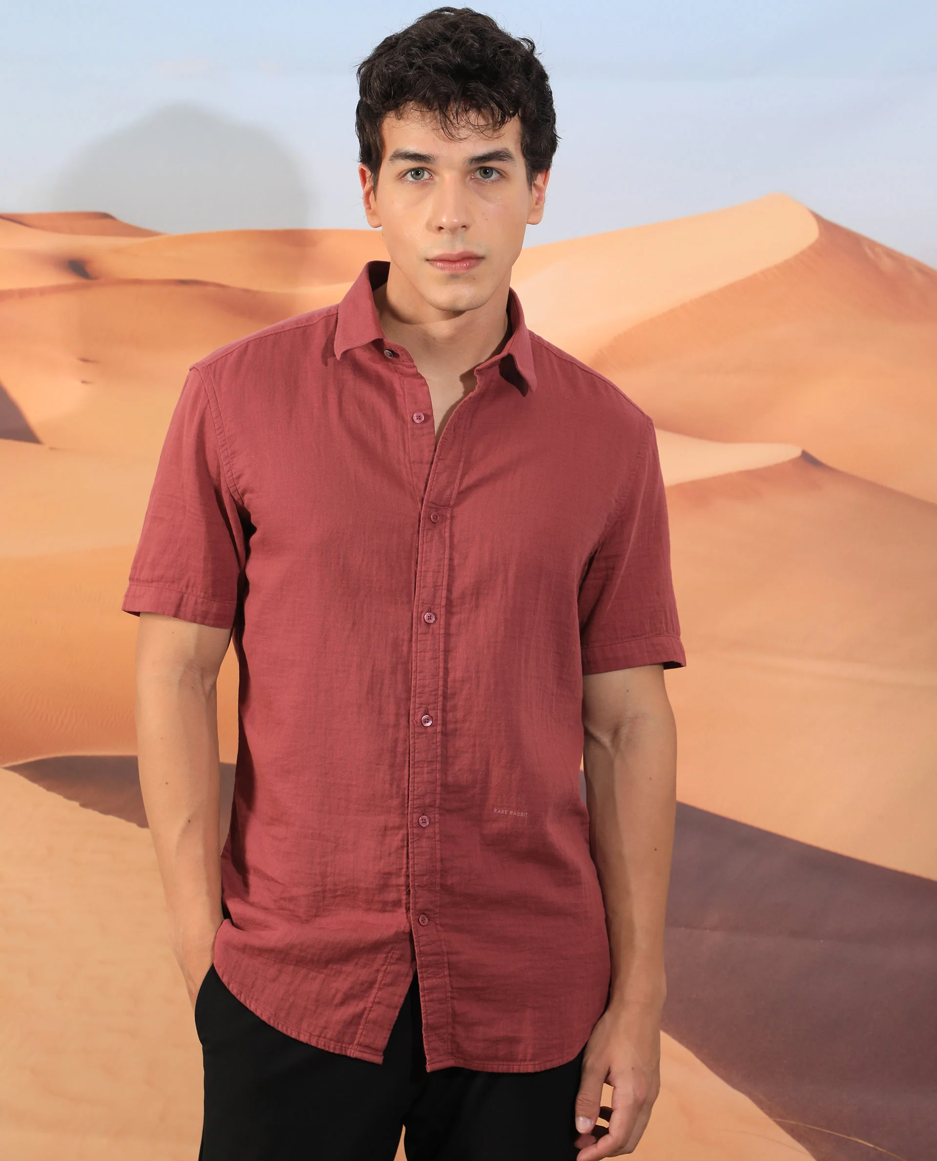 Rare Rabbit Men's Lay Red Regular Fit Half Sleeve Spread Collar Shirt - Image 6