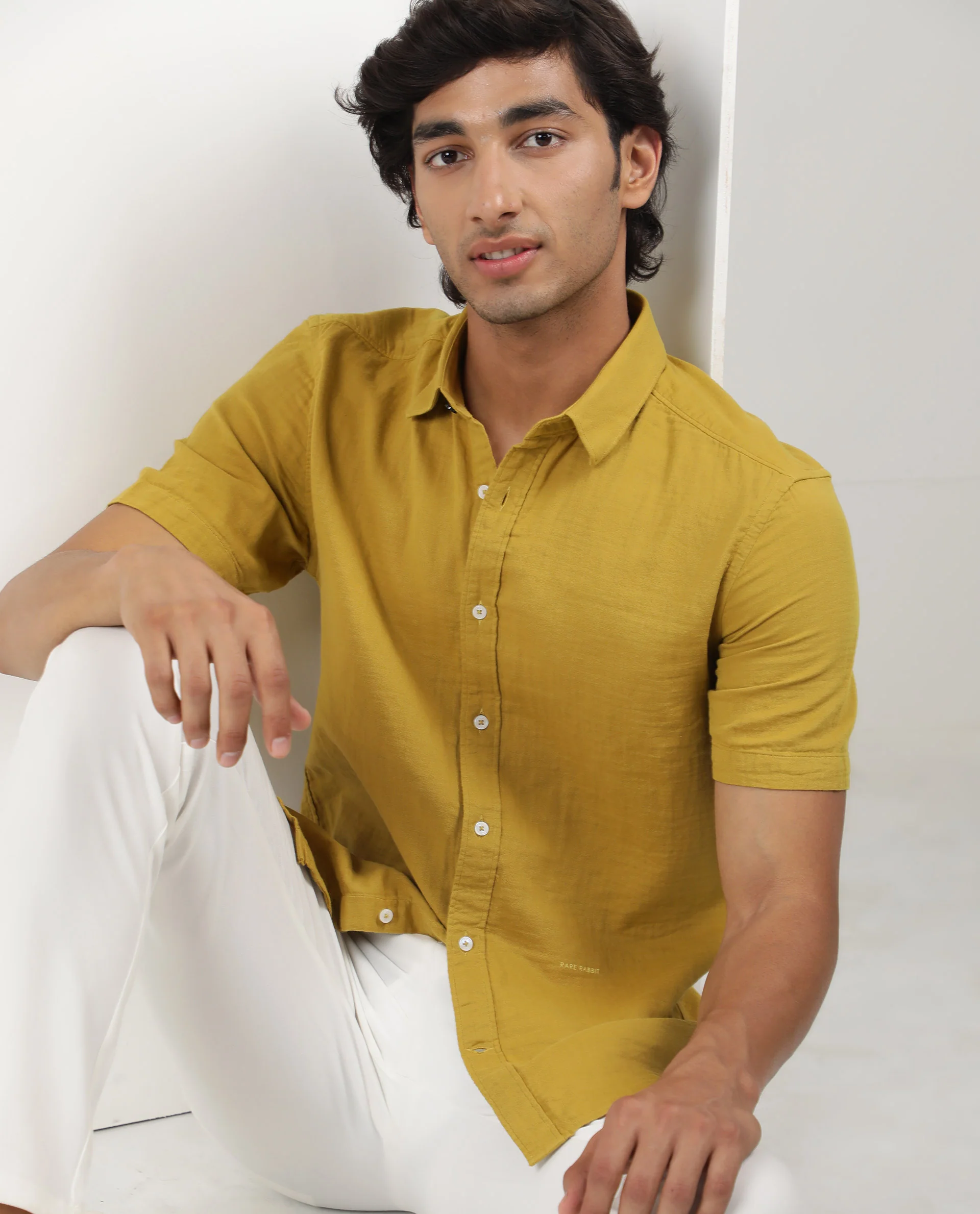 Rare Rabbit Men's Lay Yellow Cotton Plain Regular Fit Half Sleeve Collared Shirt