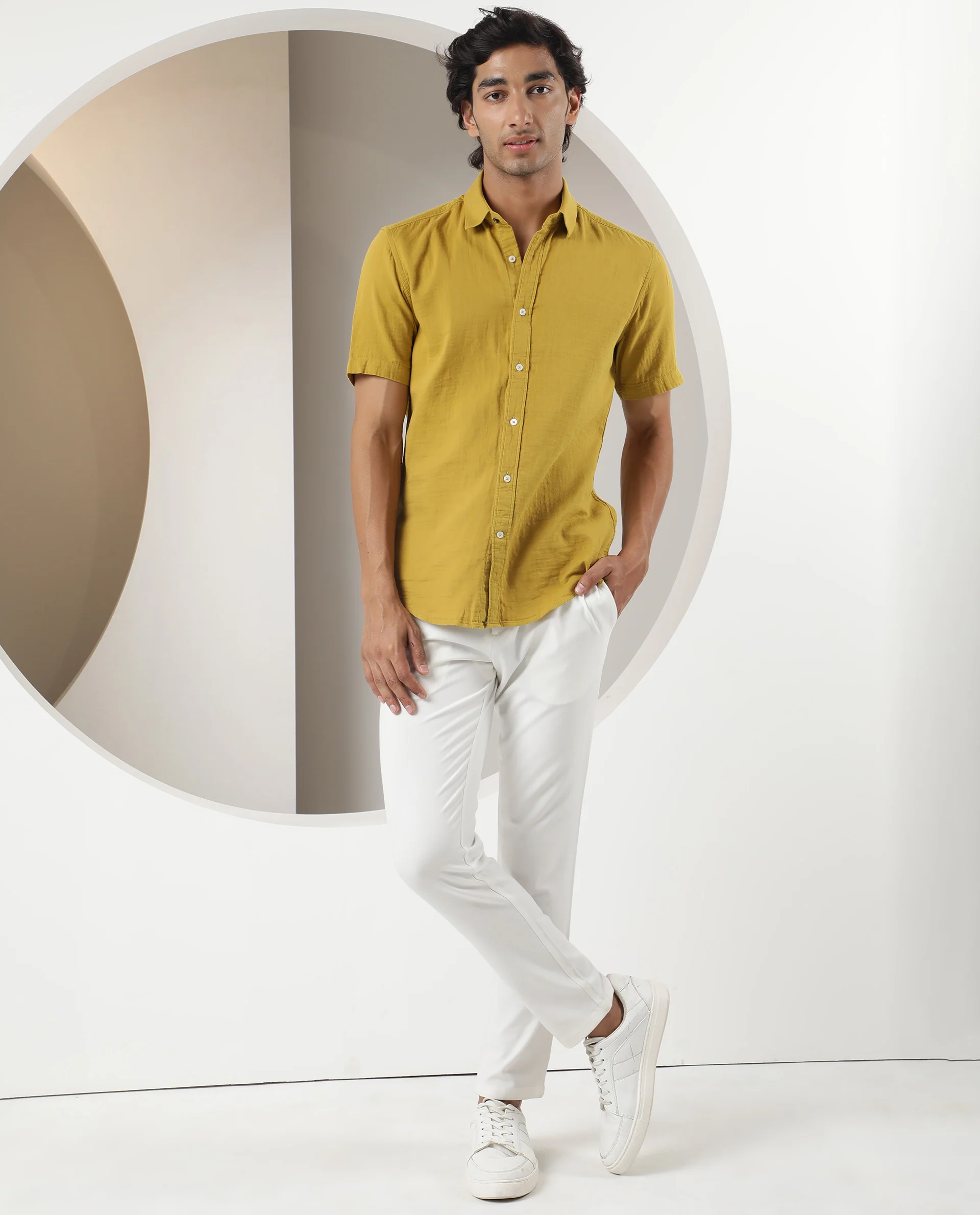 Rare Rabbit Men's Lay Yellow Cotton Plain Regular Fit Half Sleeve Collared Shirt - Image 2