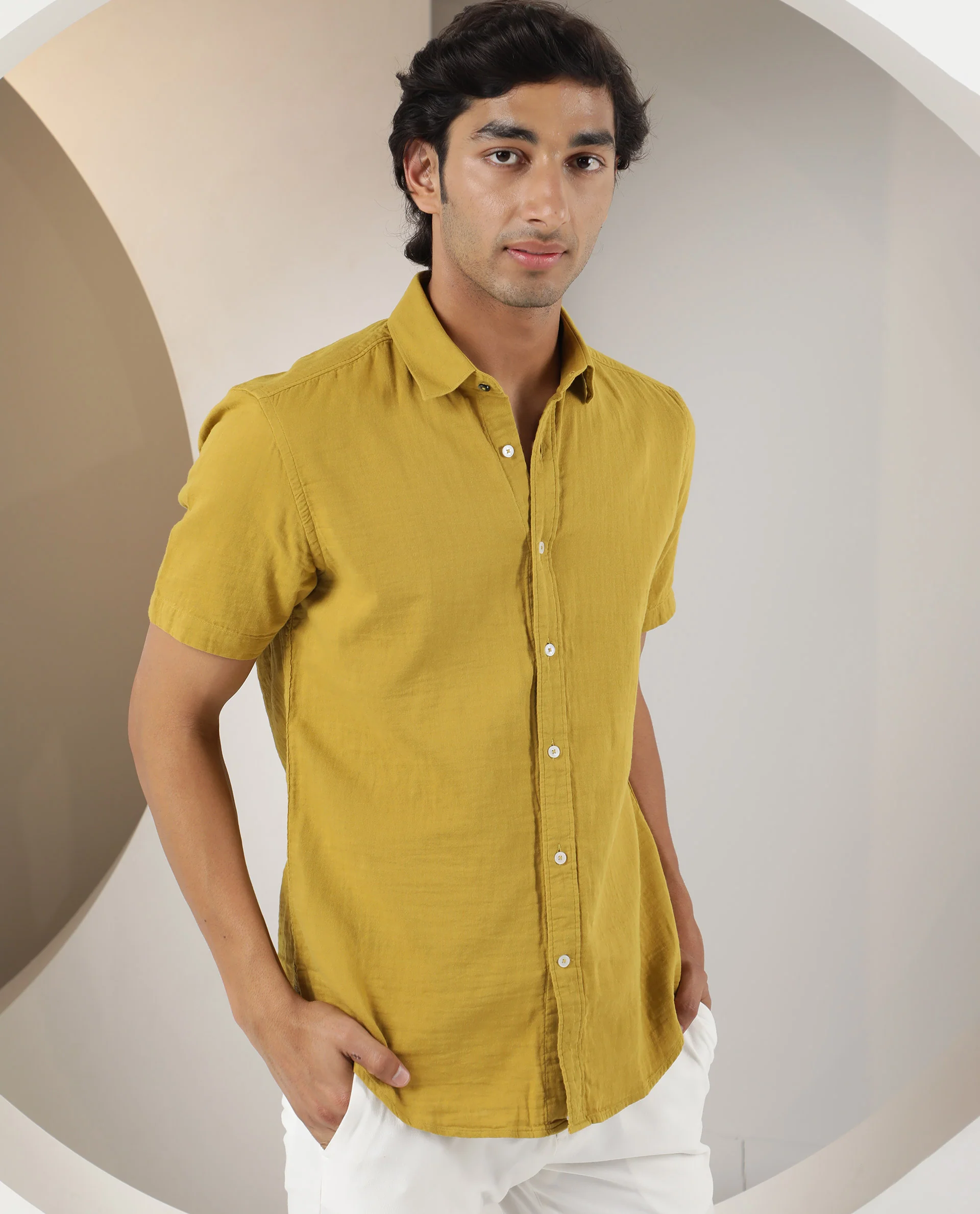Rare Rabbit Men's Lay Yellow Cotton Plain Regular Fit Half Sleeve Collared Shirt - Image 3